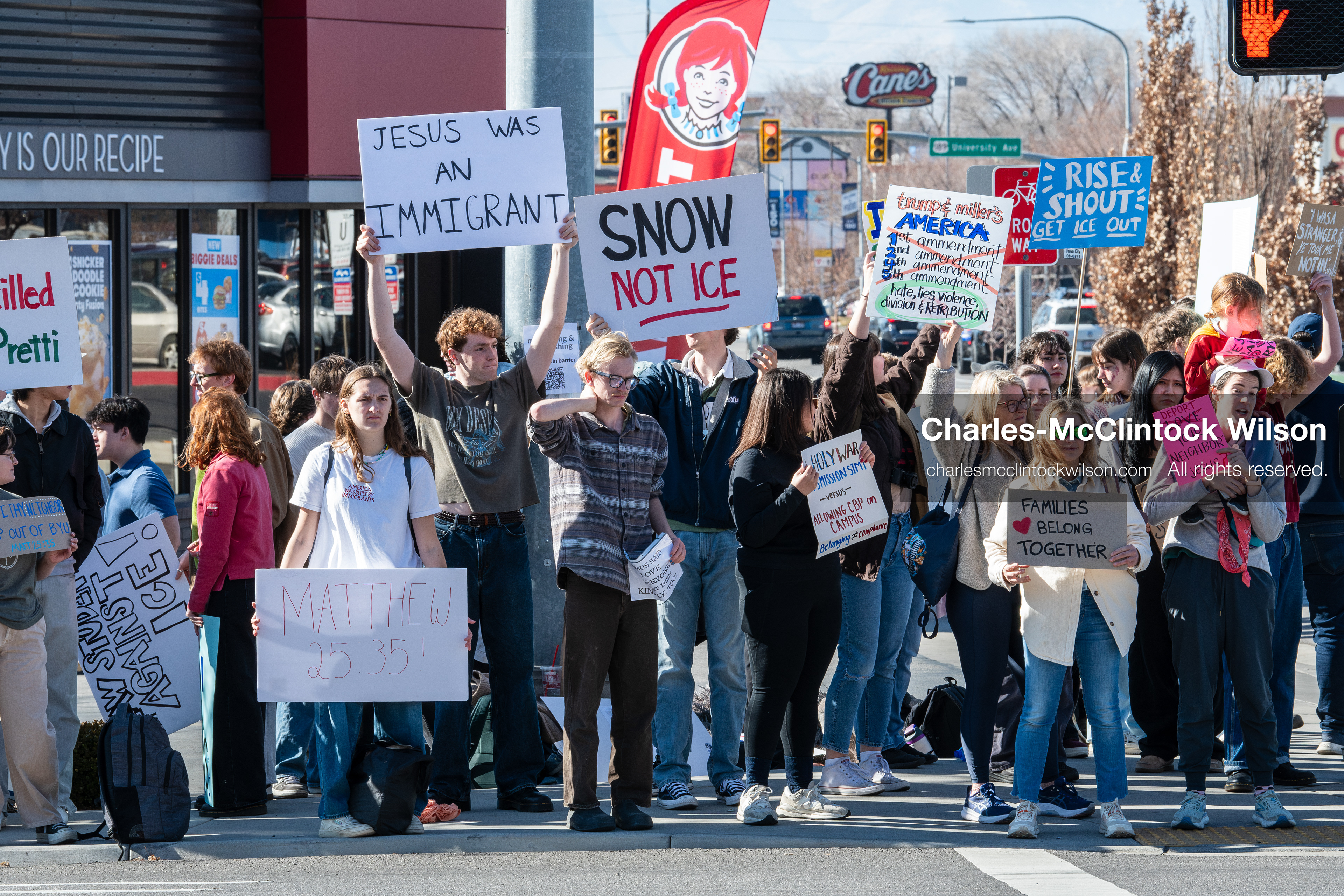 February 5, 2026, Provo, Utah, USA: Students and community members gather near Brigham Young University in Provo to demonstrate against the presence of US Customs and Border Protection recruiters at a career fair held on the BYU campus. (Credit Image: © Charles McClintock Wilson/ZUMA Press Wire)