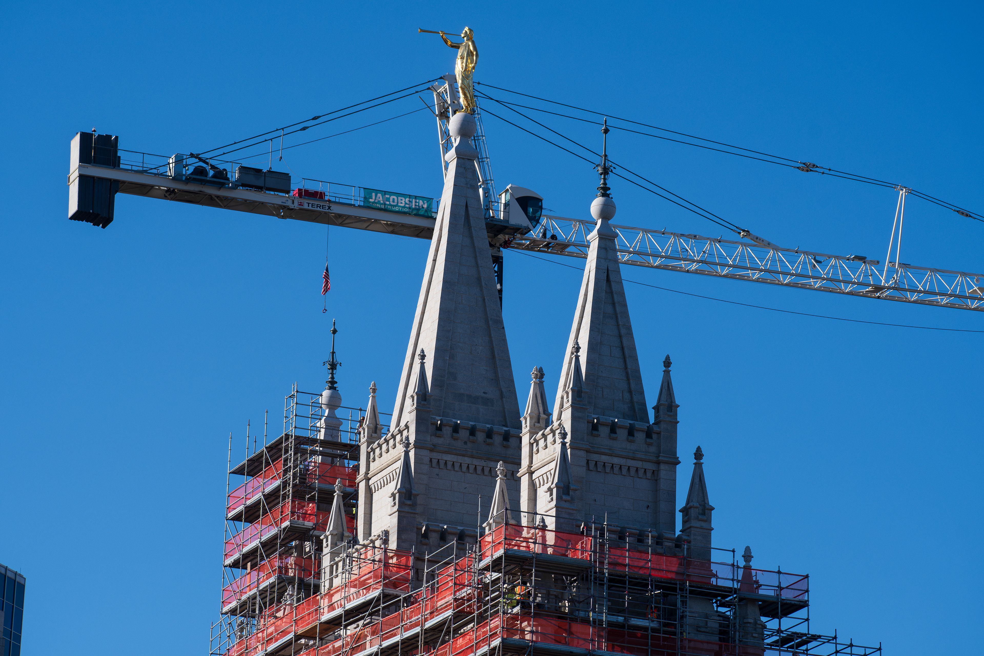 October 6, 2025, Salt Lake City, Utah, USA: The Salt Lake Temple is seen under renovation near the Conference Center during the public viewing for Russell M. Nelson, the 17th president of the Church of Jesus Christ of Latter-day Saints. Scaffolding surrounds the spires as restoration work continues. Nelson died at his home in Salt Lake City, Utah, on September 27, 2025, at the age of 101. (Credit Image: © Charles-McClintock Wilson/ZUMA Press Wire)
