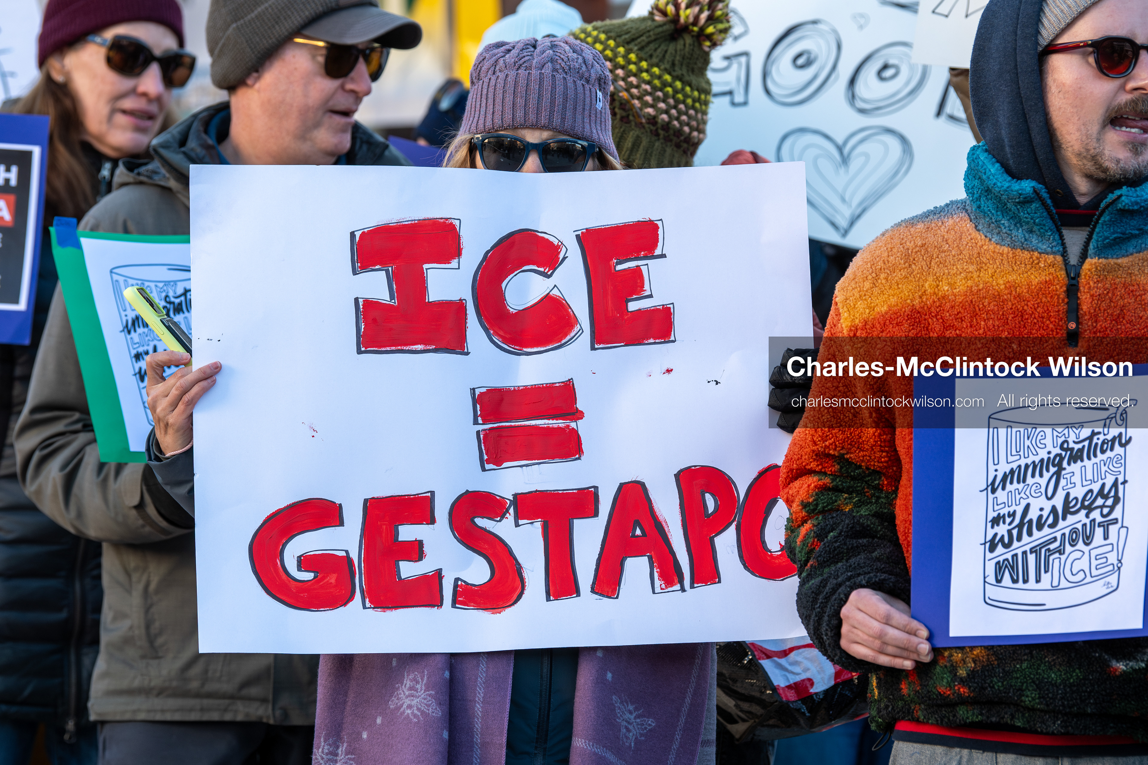 January 26, 2026, Park City, Utah, USA: Demonstrators gather on Main Street holding signs and American flags during a protest opposing U.S. Immigration and Customs Enforcement (I.C.E.) ICE agents at the Sundance Film Festival in Park City, Utah, on Monday, Jan. 26, 2026. The event was held in response to the fatal shooting of Alex Pretti by a U.S. Border Patrol officer in Minneapolis. (Credit Image: © Charles McClintock Wilson/ZUMA Press Wire)