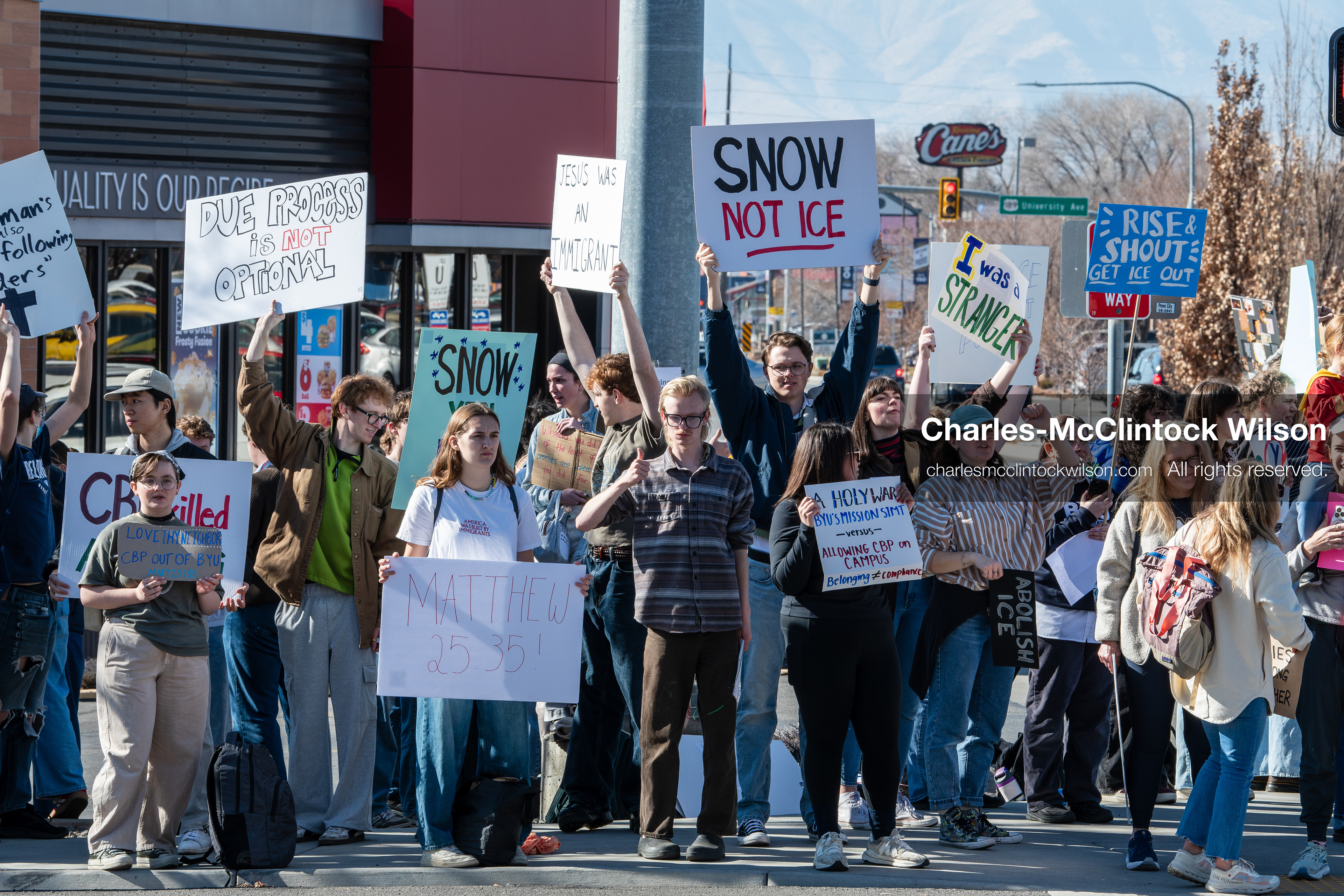 February 5, 2026, Provo, Utah, USA: Students and community members gather near Brigham Young University in Provo to demonstrate against the presence of US Customs and Border Protection recruiters at a career fair held on the BYU campus. (Credit Image: © Charles McClintock Wilson/ZUMA Press Wire)