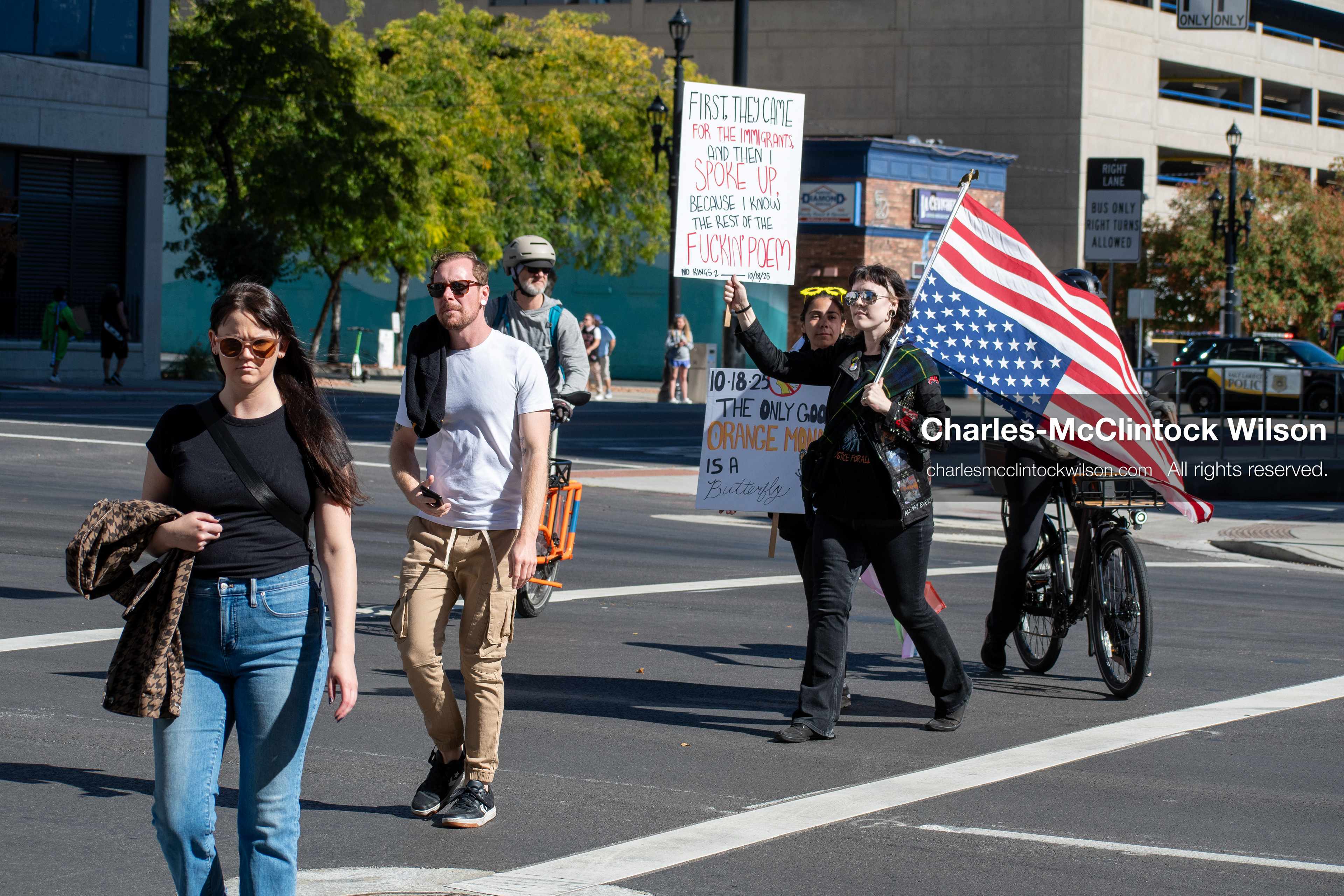 October 18, 2025, Salt Lake City, Utah, USA: Demonstrators march along South State Street during a "No Kings" protest in Salt Lake City, Utah. The protest was part of a nationwide mobilization.