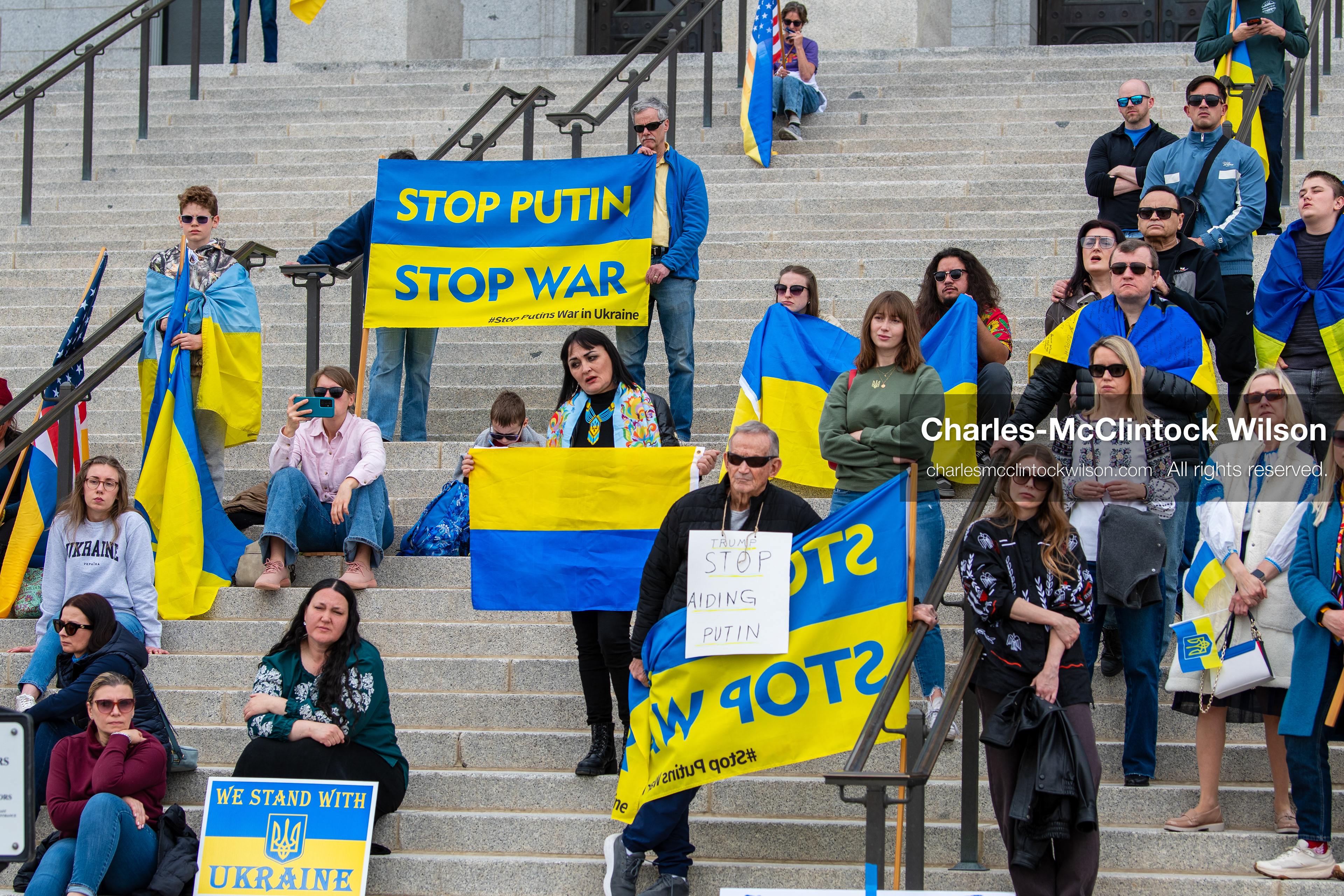 February 28, 2026, Salt Lake City, Utah, USA: Supporters gather on the steps of the Utah State Capitol during the Stand With Ukraine rally marking the four year anniversary of the full scale Russian invasion of Ukraine. Participants hold signs and Ukrainian flags as community members call for continued support for Ukraine and an end to the war. (Credit Image: © Charles McClintock Wilson/ZUMA Press Wire)