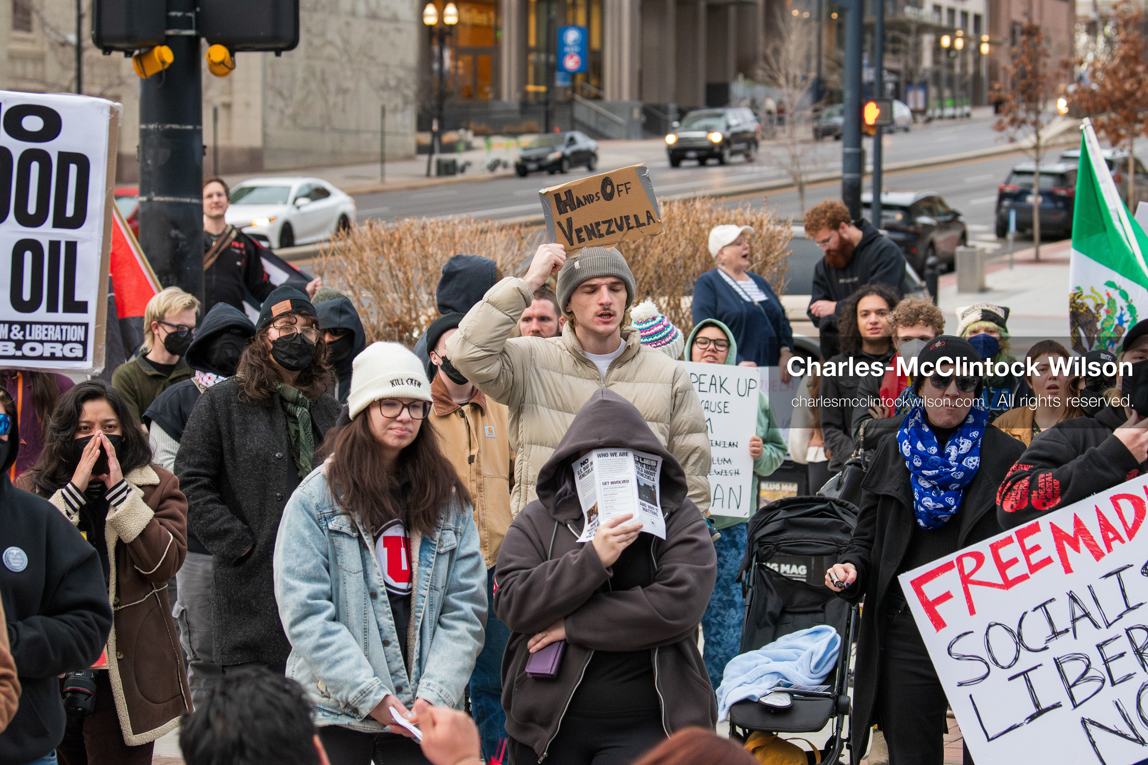 January 3, 2026, Salt Lake City, Utah, USA: Protesters hold signs during an emergency demonstration against US action in Venezuela outside the Wallace Federal Building in Salt Lake City, Utah. The event was part of a nationwide mobilization responding to recent military developments. (Credit Image: (c) Charles‑McClintock Wilson/ZUMA Press Wire)