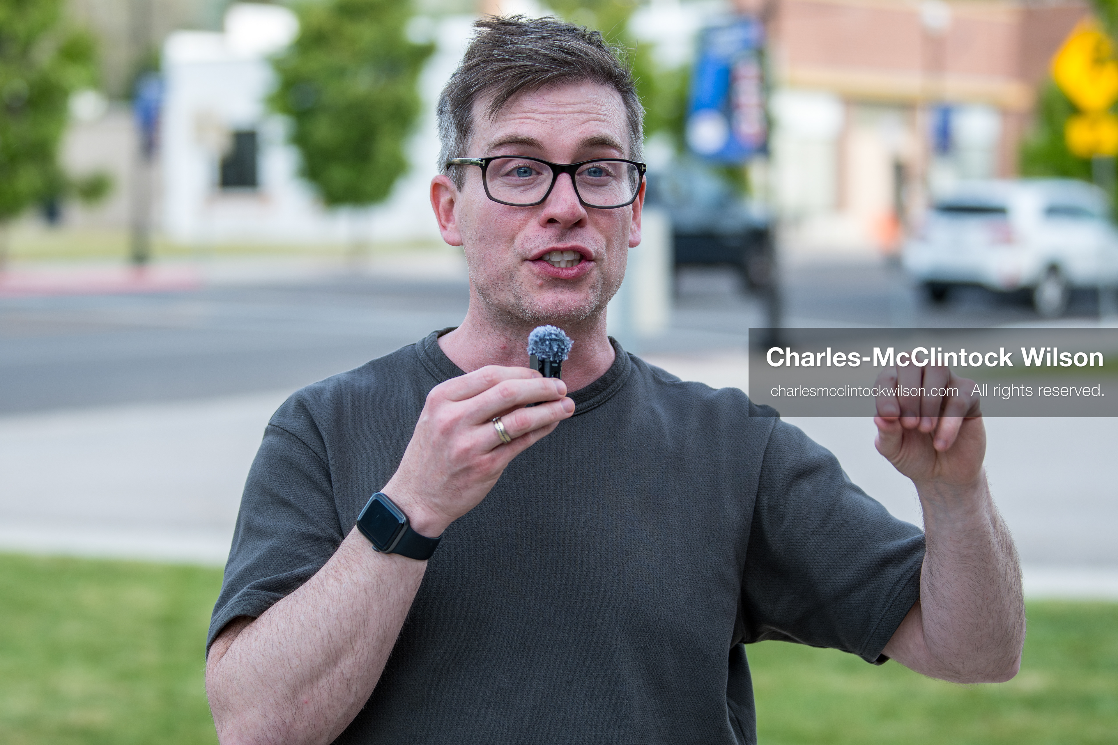May 13, 2026, Brigham City, Utah, USA: US political satirist and digital creator WALTER MASTERSON speaks to attendees outside the Box Elder County Justice Courthouse in Brigham City, Utah, on May 13, 2026, during a gathering over the proposed data center project backed by businessman Kevin O'Leary, which has drawn public concern over water use, power demand, and transparency. (Credit Image: © Charles-McClintock Wilson/ZUMA Press Wire)