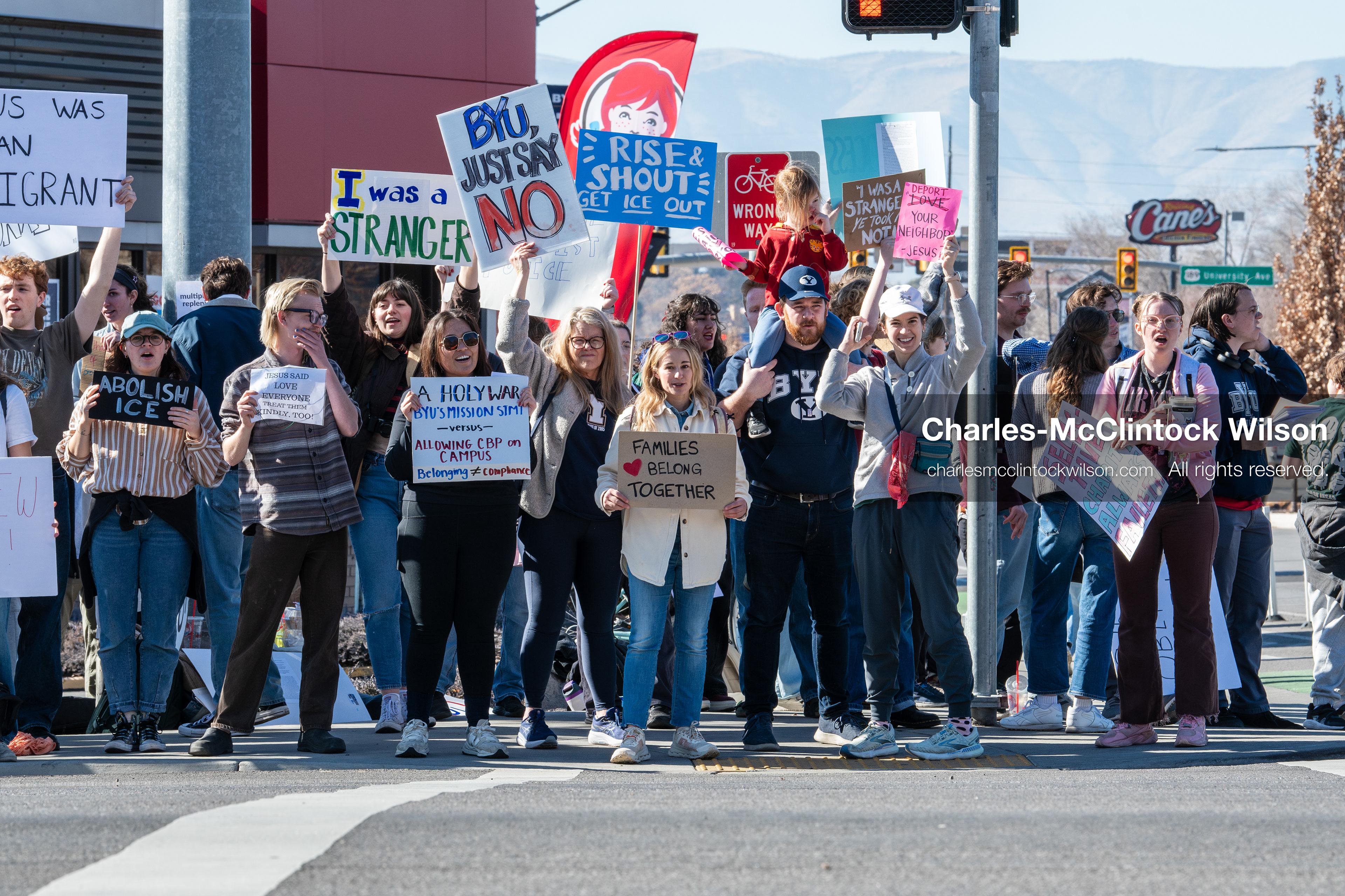 February 5, 2026, Provo, Utah, USA: Students and community members gather near Brigham Young University in Provo to demonstrate against the presence of US Customs and Border Protection recruiters at a career fair held on the BYU campus. (Credit Image: © Charles McClintock Wilson/ZUMA Press Wire)