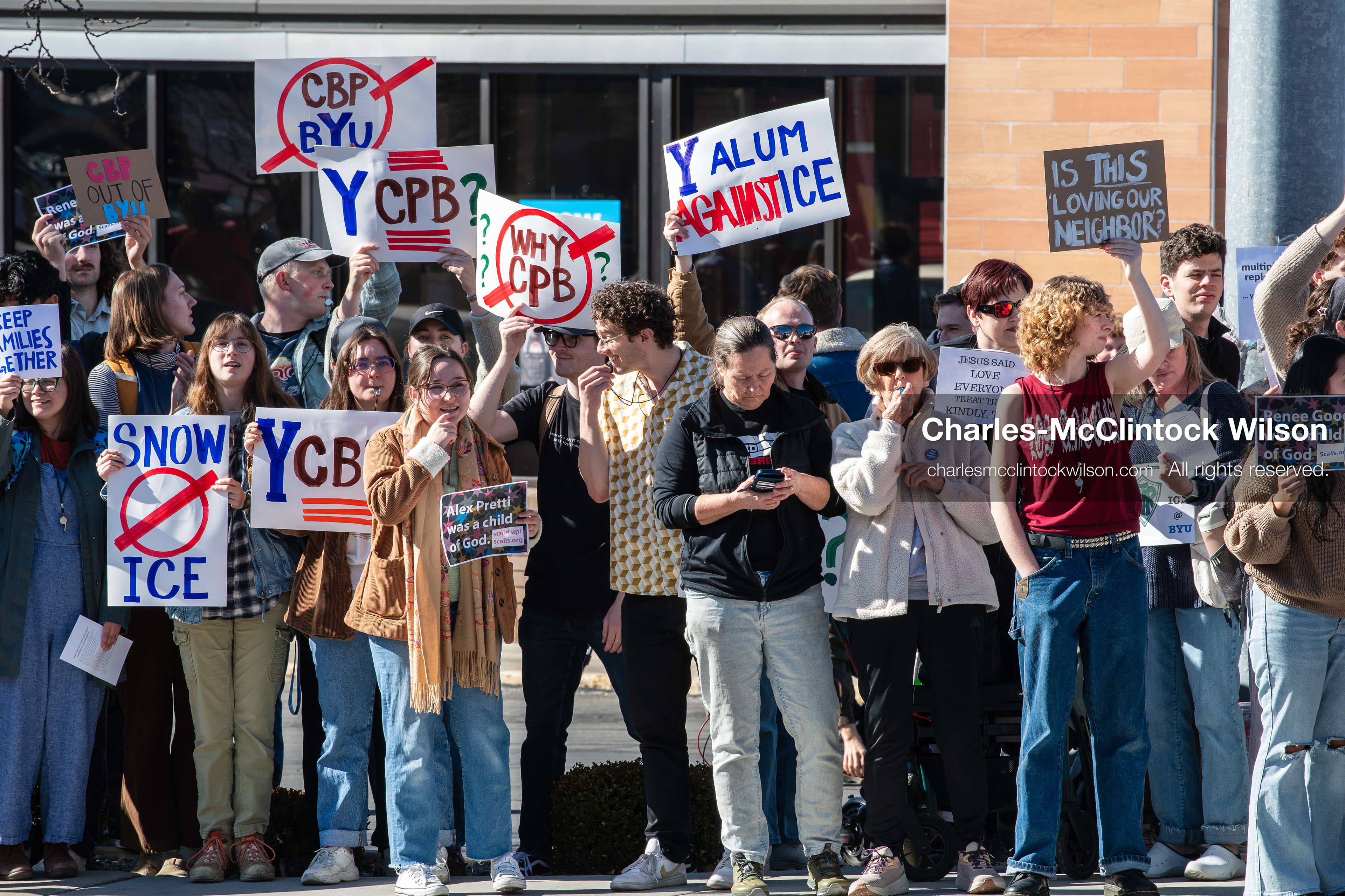 February 5, 2026, Provo, Utah, USA: Students and community members gather near Brigham Young University in Provo to demonstrate against the presence of US Customs and Border Protection recruiters at a career fair held on the BYU campus. (Credit Image: © Charles McClintock Wilson/ZUMA Press Wire)