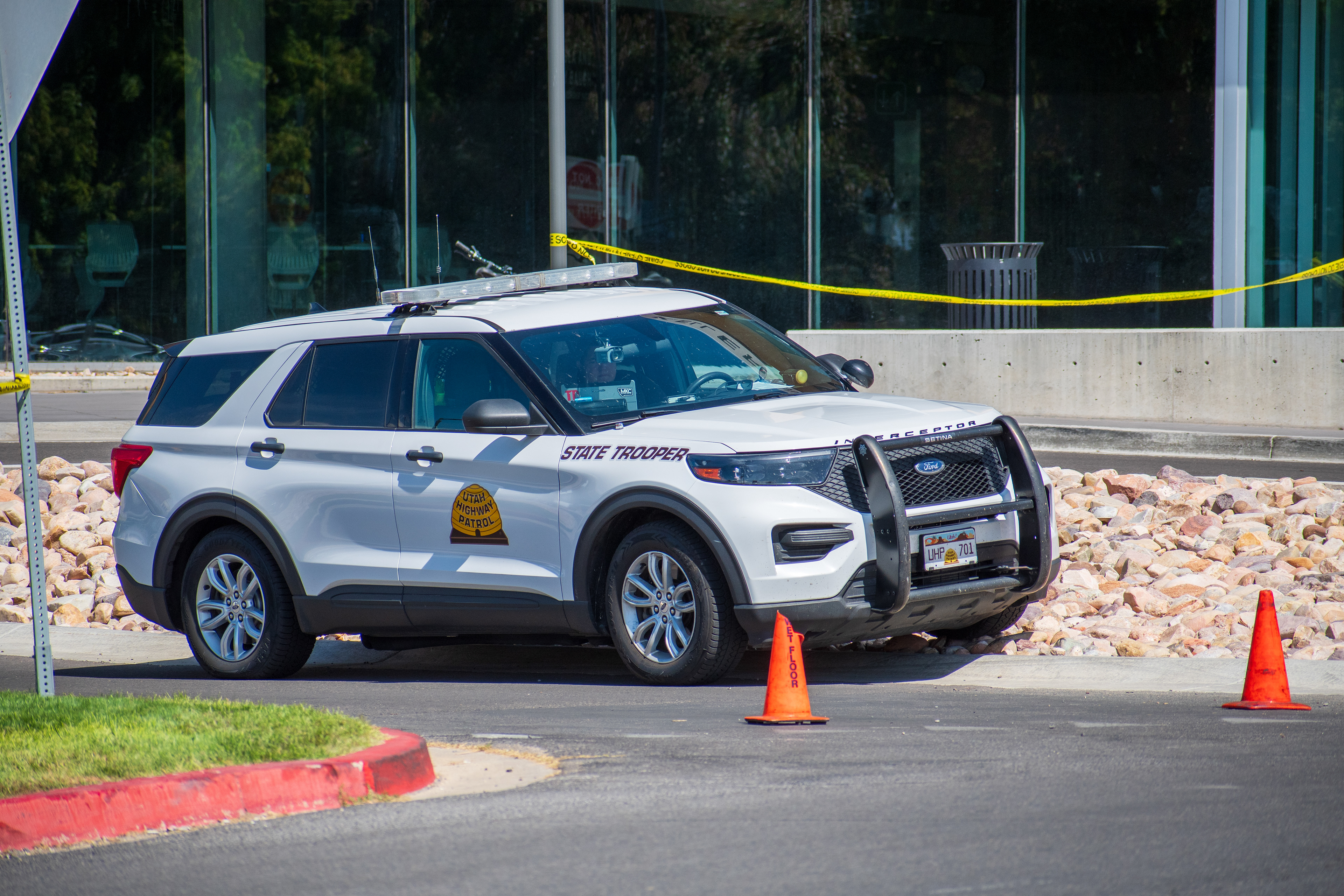 September 12, 2025 – Orem, Utah, United States: A Utah Highway Patrol vehicle is parked outside a cordoned-off building at Utah Valley University following the fatal shooting of conservative activist Charlie Kirk, who was assassinated during a public event on campus two days earlier. Photograph by Charles‑McClintock Wilson / ZUMA Press Wire