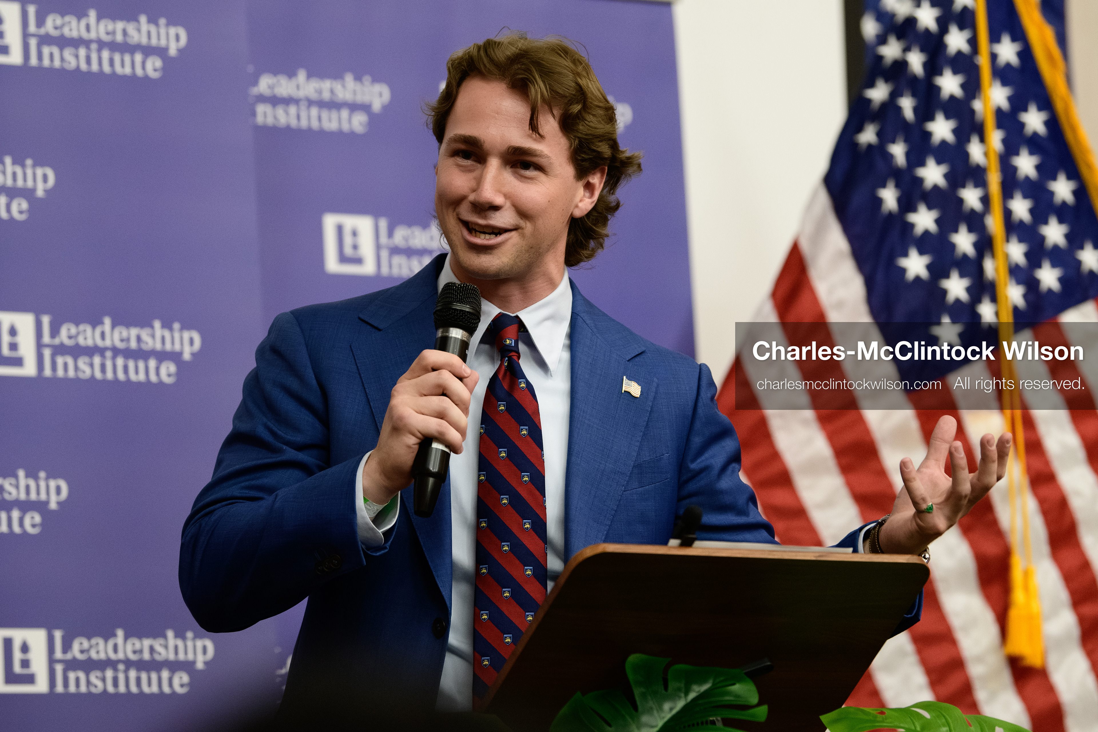 April 10, 2026, Salt Lake City, Utah, USA: Conservative activist and social media influencer Kai Schwemmer speaks during a “Learing Tour” event headlined by YouTuber Nick Shirley and organized by the Utah Federation of College Republicans at the University of Utah. (Credit Image: © Charles-McClintock Wilson/ZUMA Press Wire)