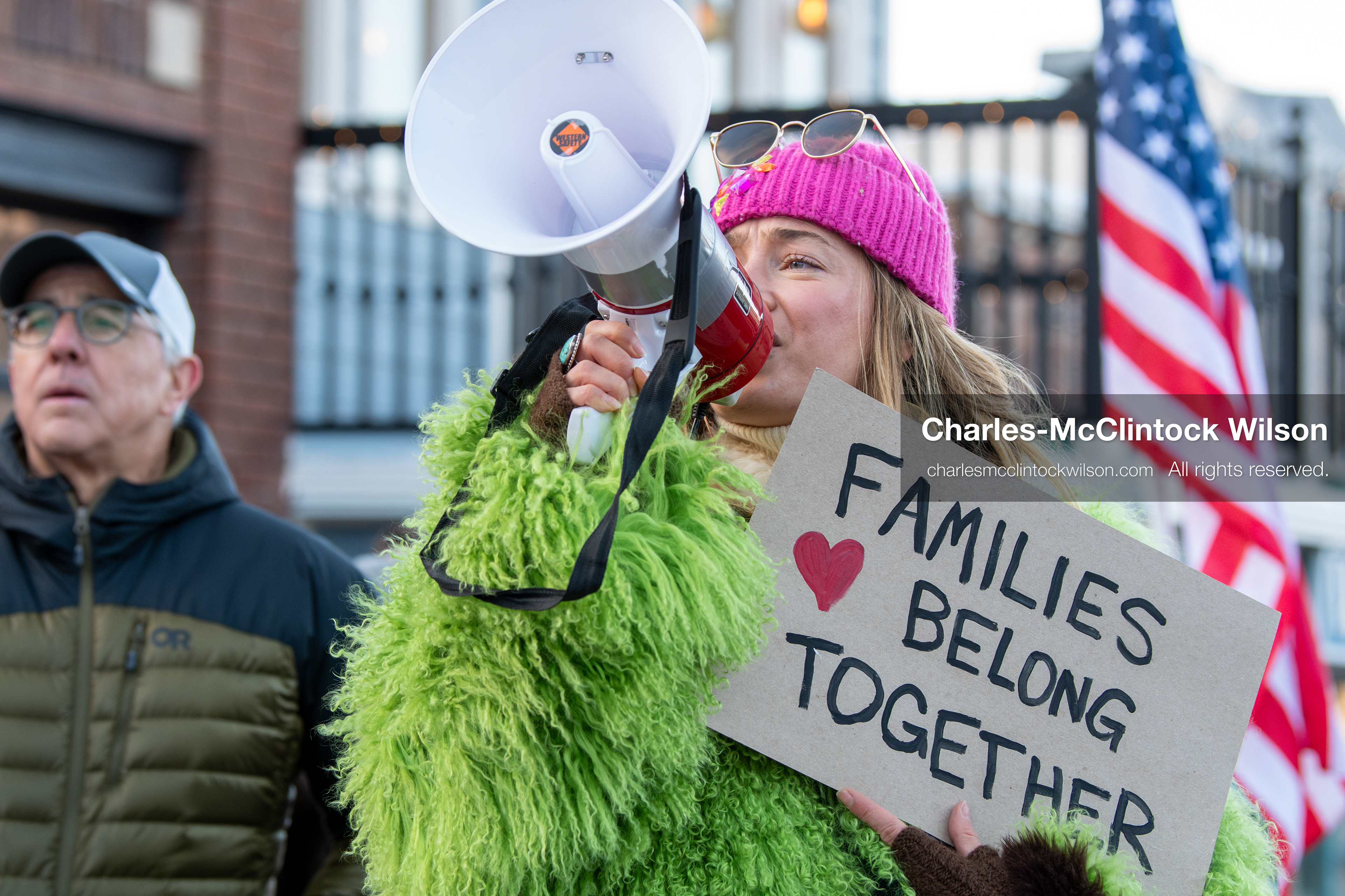 January 26, 2026, Park City, Utah, USA: US Professional skier and activist SIERRA QUITIQUIT speaks through a megaphone while holding a sign during a protest opposing U.S. Immigration and Customs Enforcement (I.C.E.) ICE agents at the Sundance Film Festival in Park City, Utah, on Monday, Jan. 26, 2026. The event was held in response to the fatal shooting of Alex Pretti by a U.S. Border Patrol officer in Minneapolis. (Credit Image: © Charles McClintock Wilson/ZUMA Press Wire)