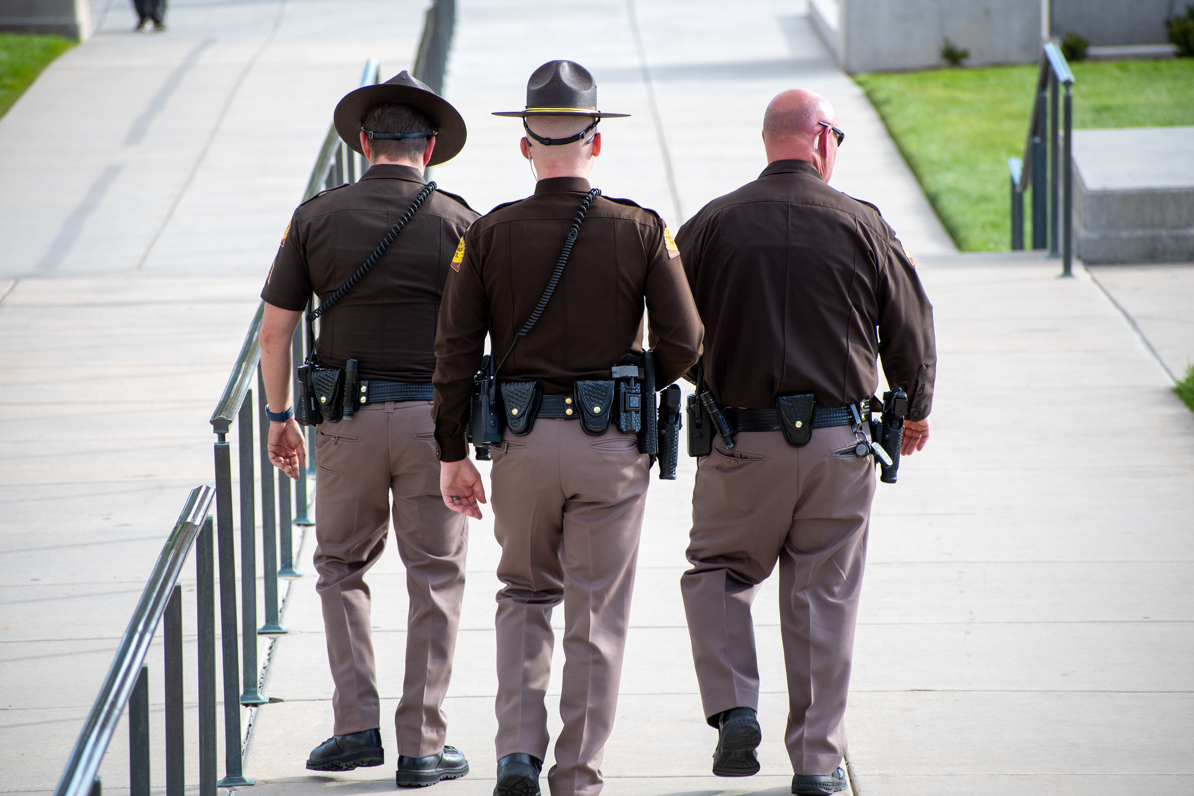 October 10, 2025, Salt Lake City, Utah, USA: Utah Highway Patrol officers walk along a paved pathway during the Free Palestine Rally at the Utah State Capitol. (Credit Image: © Charles-McClintock Wilson/ZUMA Press Wire)