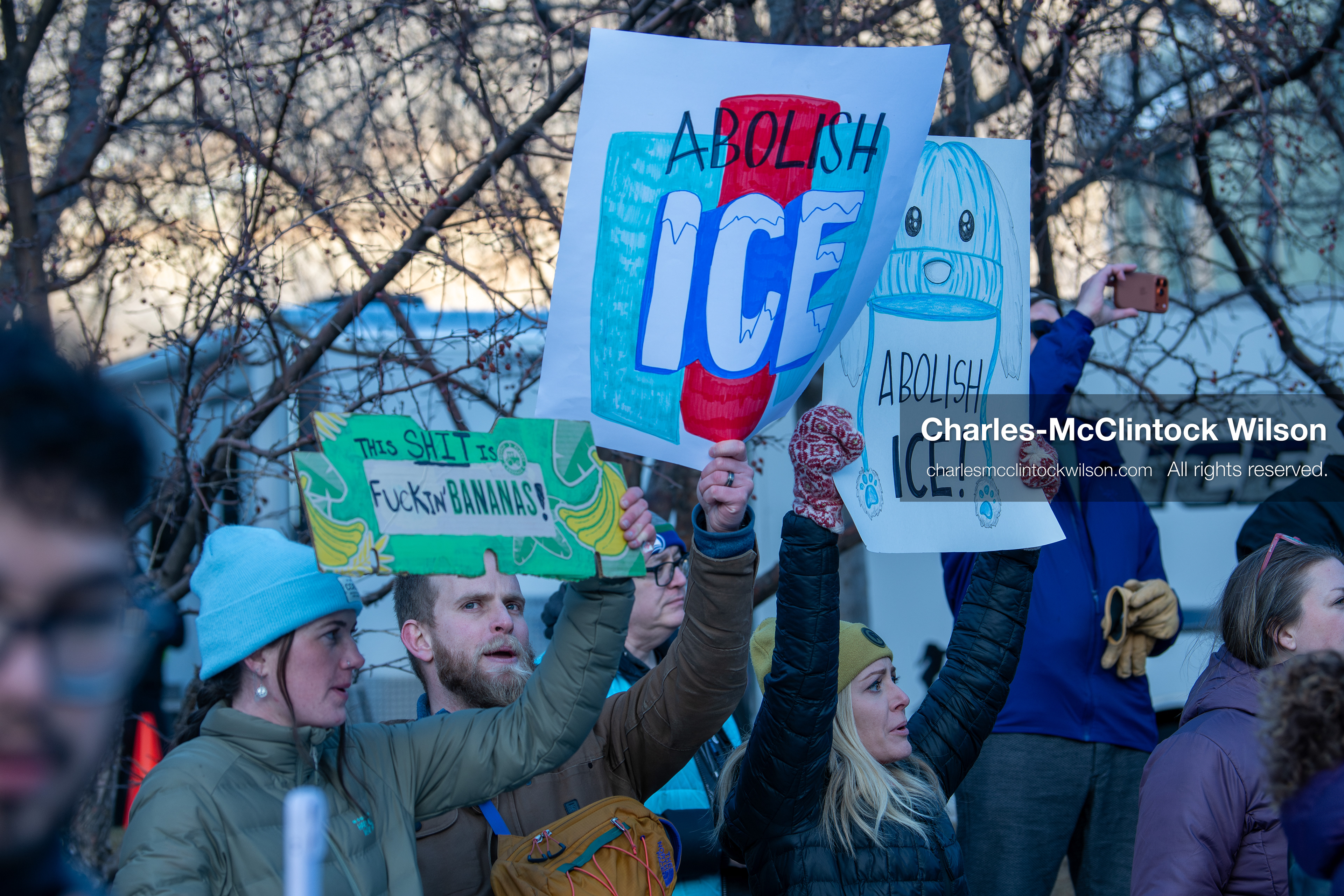 January 26, 2026, Park City, Utah, USA: Demonstrators hold signs during a protest opposing U.S. Immigration and Customs Enforcement (I.C.E.) ICE agents at the Sundance Film Festival in Park City, Utah, on Monday, Jan. 26, 2026. The event was held in response to the fatal shooting of Alex Pretti by a U.S. Border Patrol officer in Minneapolis. (Credit Image: © Charles McClintock Wilson/ZUMA Press Wire)