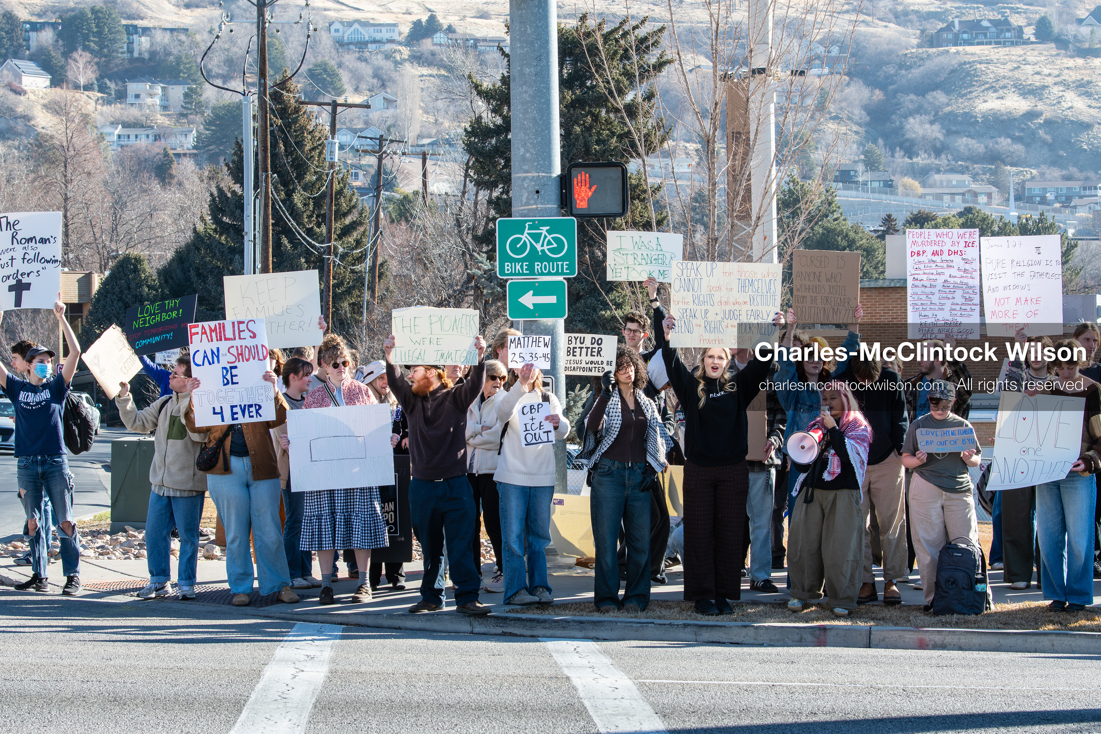 February 5, 2026, Provo, Utah, USA: Students and community members gather near Brigham Young University in Provo to demonstrate against the presence of US Customs and Border Protection recruiters at a career fair held on the BYU campus. (Credit Image: © Charles McClintock Wilson/ZUMA Press Wire)