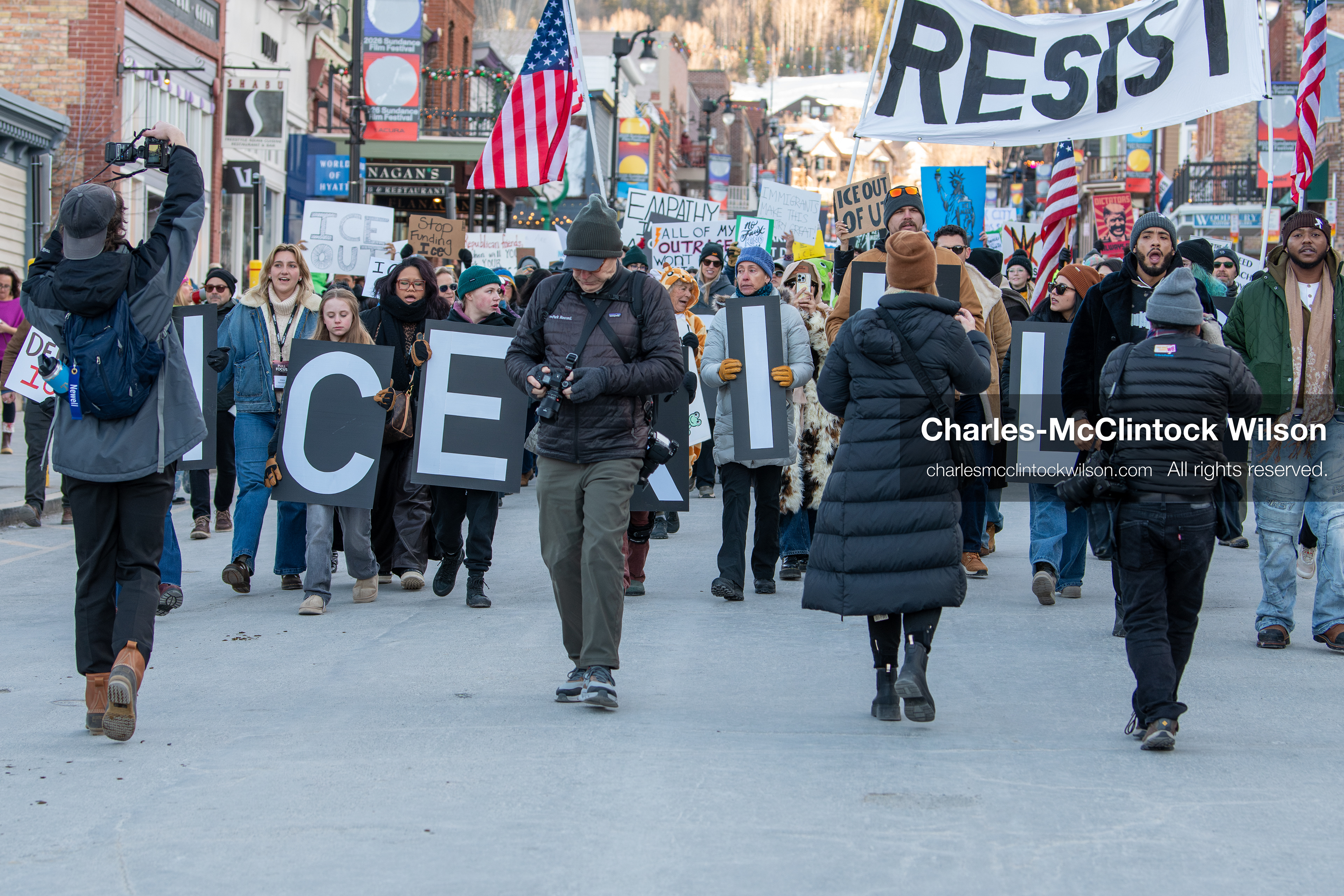 January 26, 2026, Park City, Utah, USA: Demonstrators march through Main Street holding signs during a protest opposing U.S. Immigration and Customs Enforcement (I.C.E.) ICE agents at the Sundance Film Festival in Park City, Utah, on Monday, Jan. 26, 2026. The event was held in response to the fatal shooting of Alex Pretti by a U.S. Border Patrol officer in Minneapolis. (Credit Image: © Charles McClintock Wilson/ZUMA Press Wire)