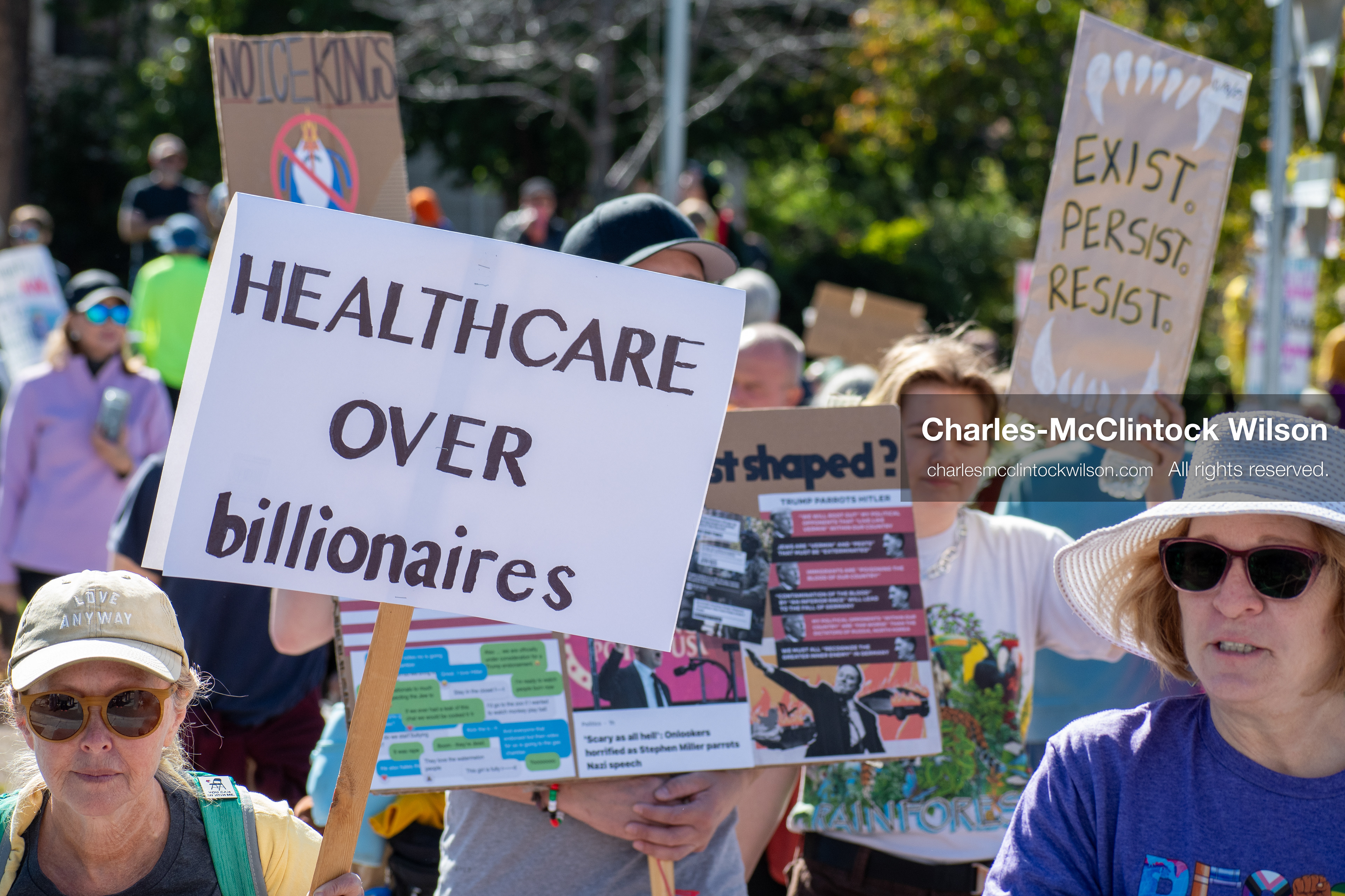 October 18, 2025, Salt Lake City, Utah, USA: Demonstrators hold signs during a "No Kings" protest at the Utah State Capitol. The protest was part of a nationwide mobilization. 