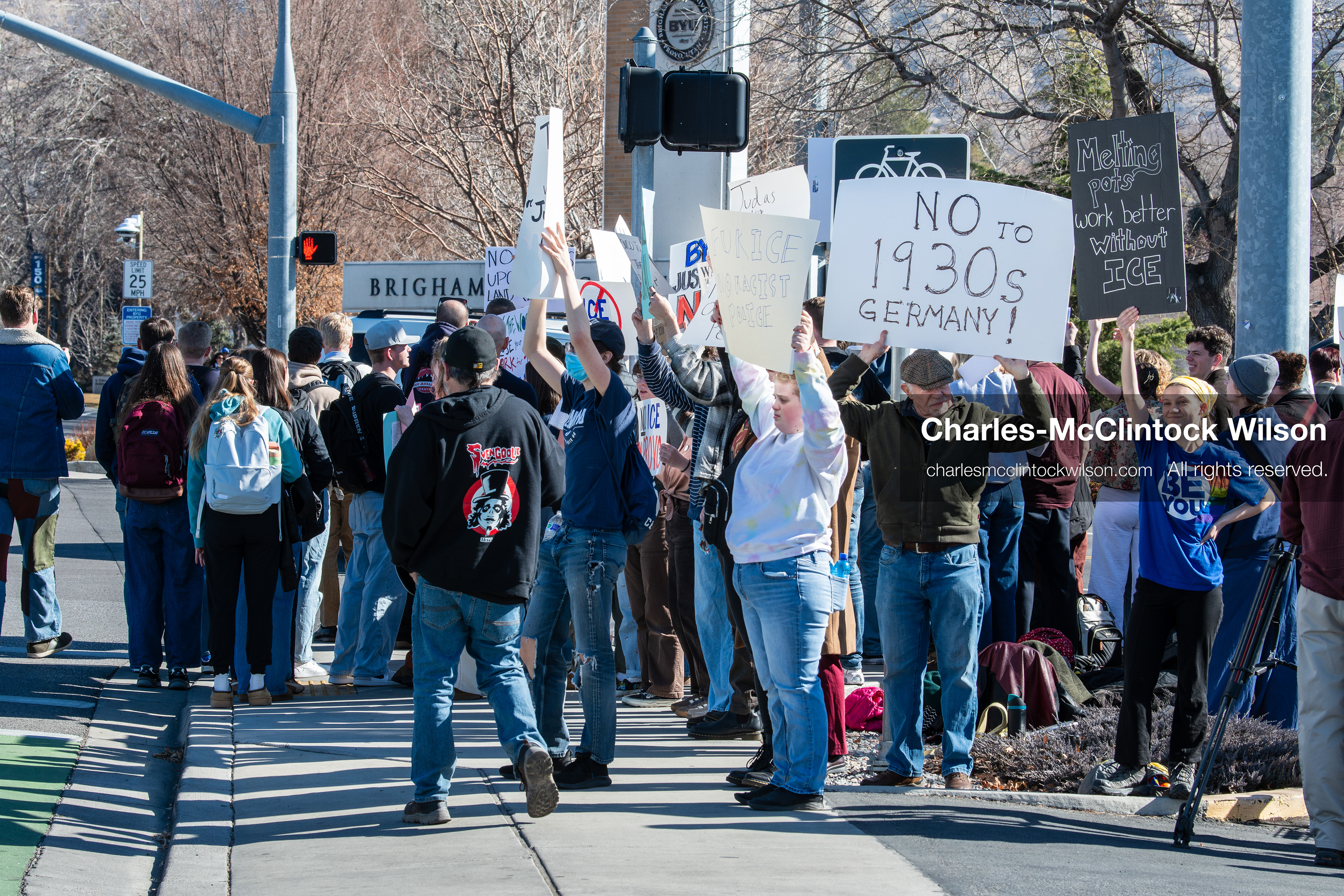 February 5, 2026, Provo, Utah, USA: Students and community members gather near Brigham Young University in Provo to demonstrate against the presence of US Customs and Border Protection recruiters at a career fair held on the BYU campus. (Credit Image: © Charles McClintock Wilson/ZUMA Press Wire)