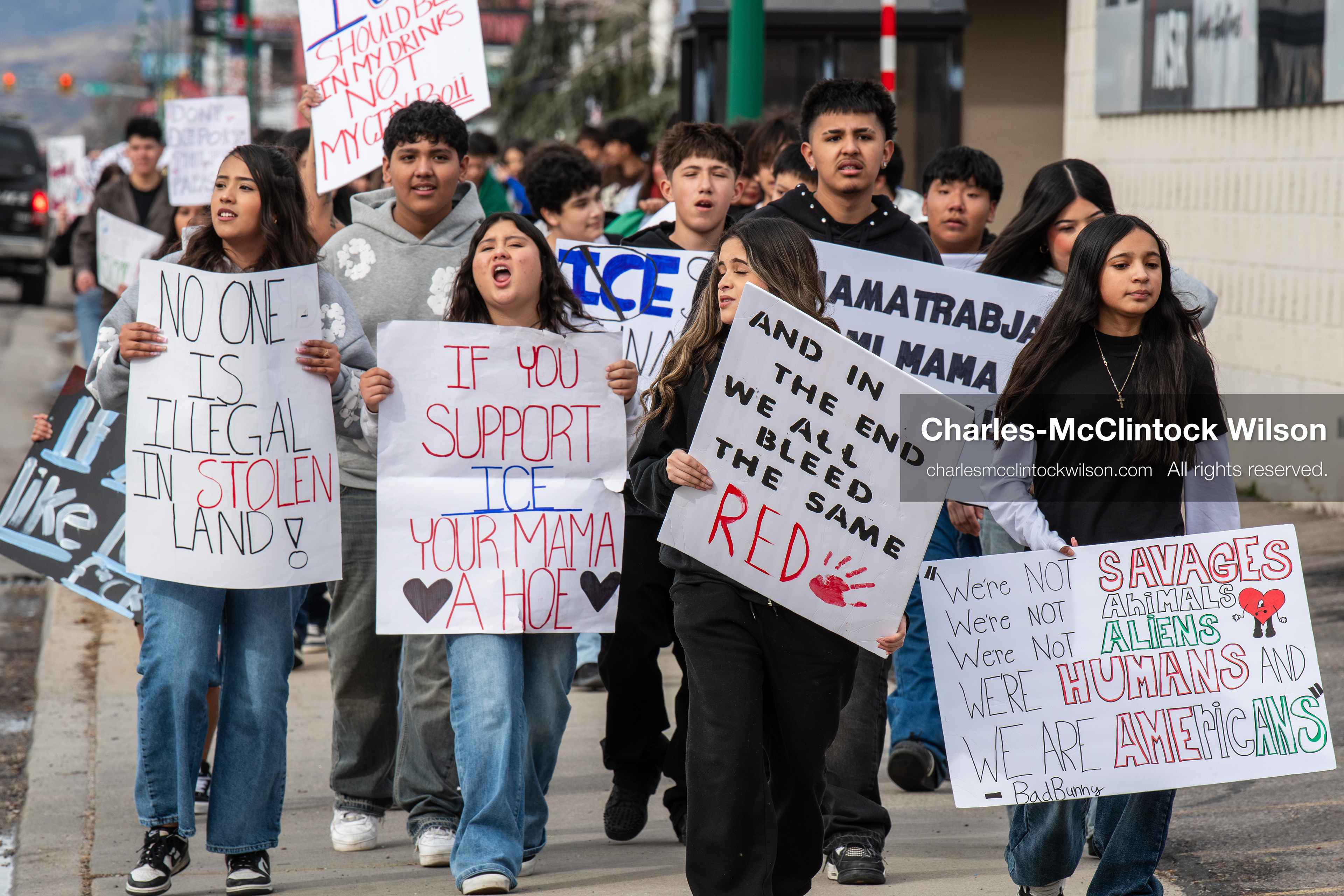 February 11, 2026, Orem, Utah, USA: Students march along State Street during a student‑led protest involving participants from multiple Orem schools. (Credit Image: © Charles‑McClintock Wilson/ZUMA Press Wire)