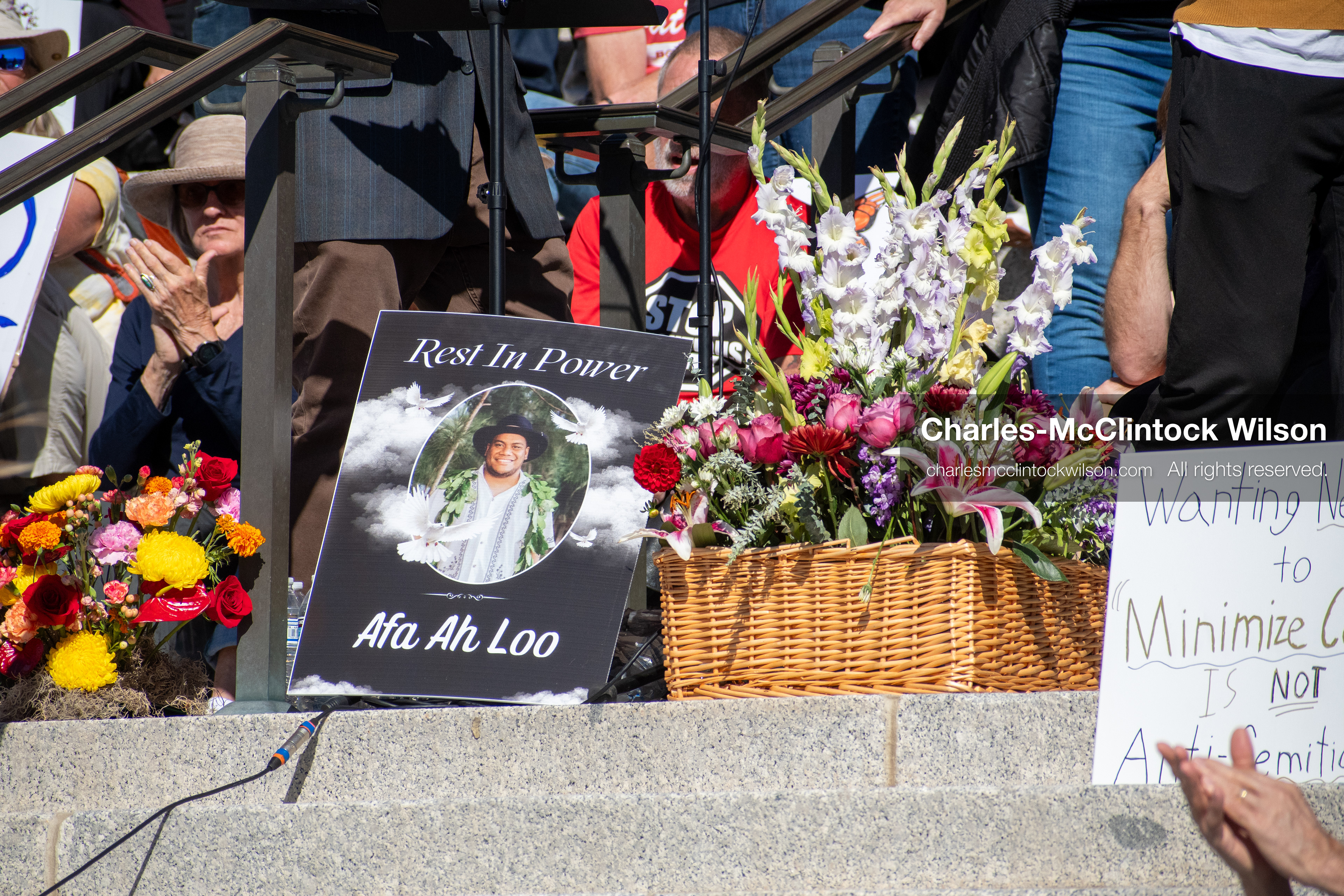 October 18, 2025, Salt Lake City, Utah, USA: A memorial to AFA AH LOO is seen during a "No Kings" protest at the Utah State Capitol. The protest was part of a nationwide mobilization.
