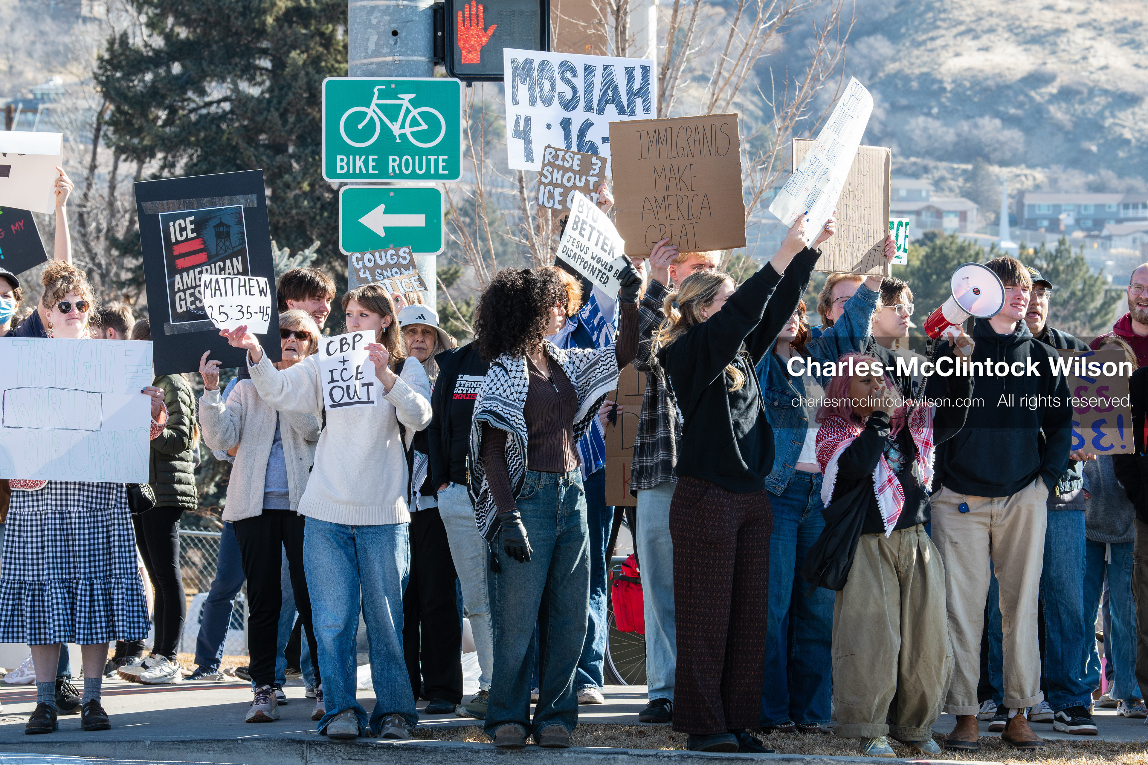 February 5, 2026, Provo, Utah, USA: Students and community members gather near Brigham Young University in Provo to demonstrate against the presence of US Customs and Border Protection recruiters at a career fair held on the BYU campus. (Credit Image: © Charles McClintock Wilson/ZUMA Press Wire)