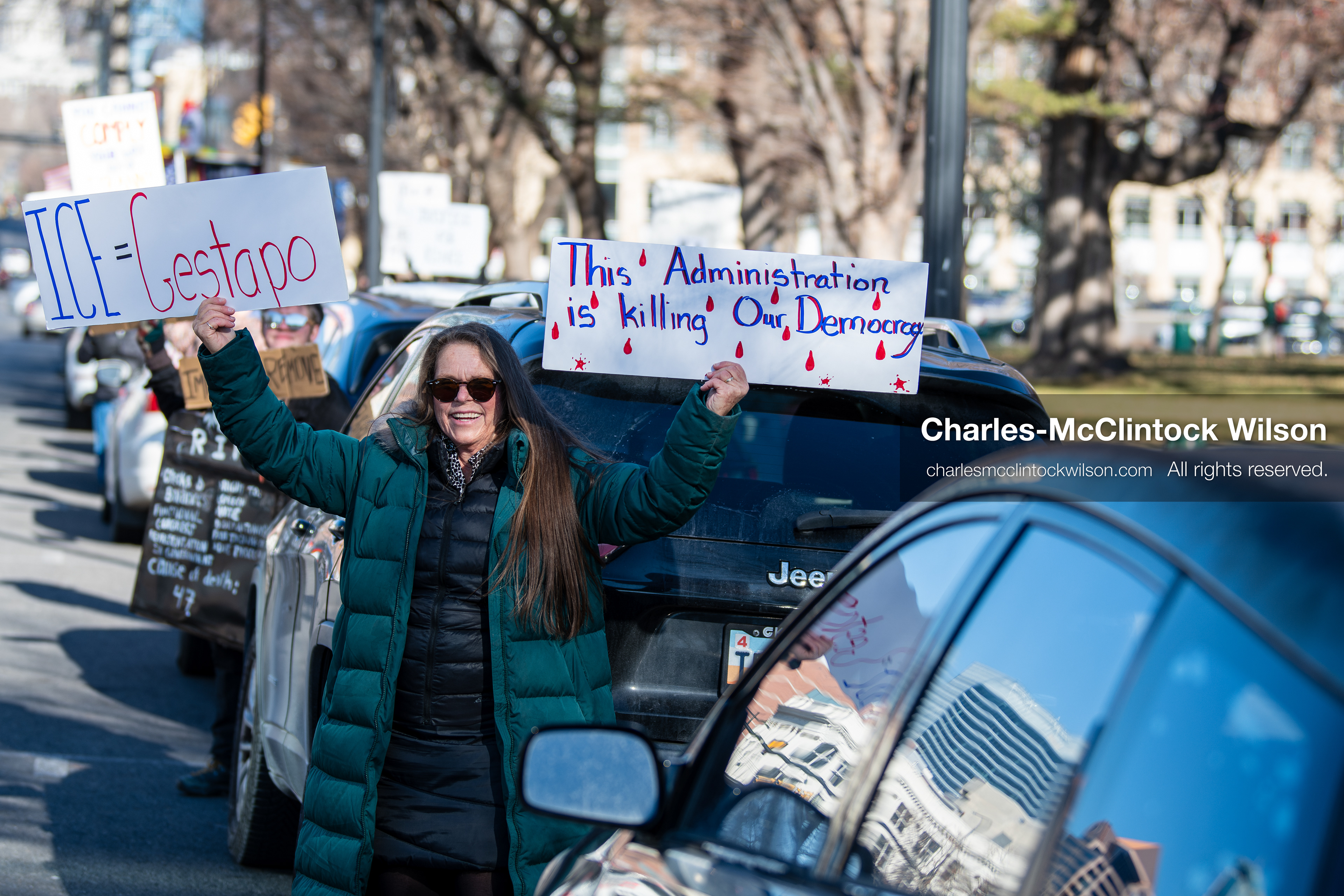 Salt Lake City, Utah, January 10, 2026: Protesters stand with signs at Washington Square Park during the ICE Out for Good protest, a demonstration calling for justice for Renee Nicole Good. (Credit Image: © Charles‑McClintock Wilson/ZUMA Press Wire)
