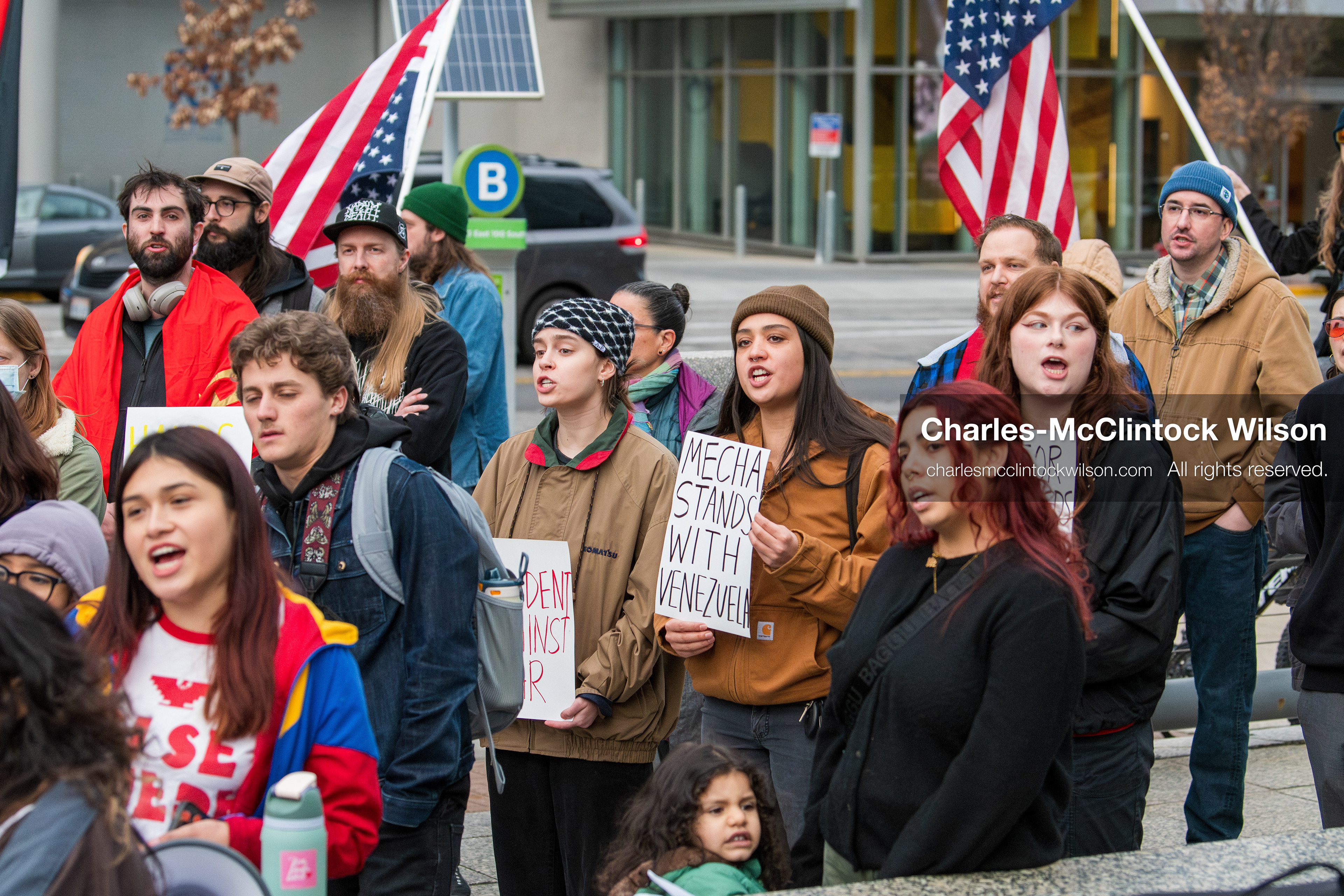 January 3, 2026, Salt Lake City, Utah, USA: Protesters hold signs during an emergency demonstration against US action in Venezuela outside the Wallace Federal Building in Salt Lake City, Utah. The event was part of a nationwide mobilization responding to recent military developments. (Credit Image: (c) Charles‑McClintock Wilson/ZUMA Press Wire)