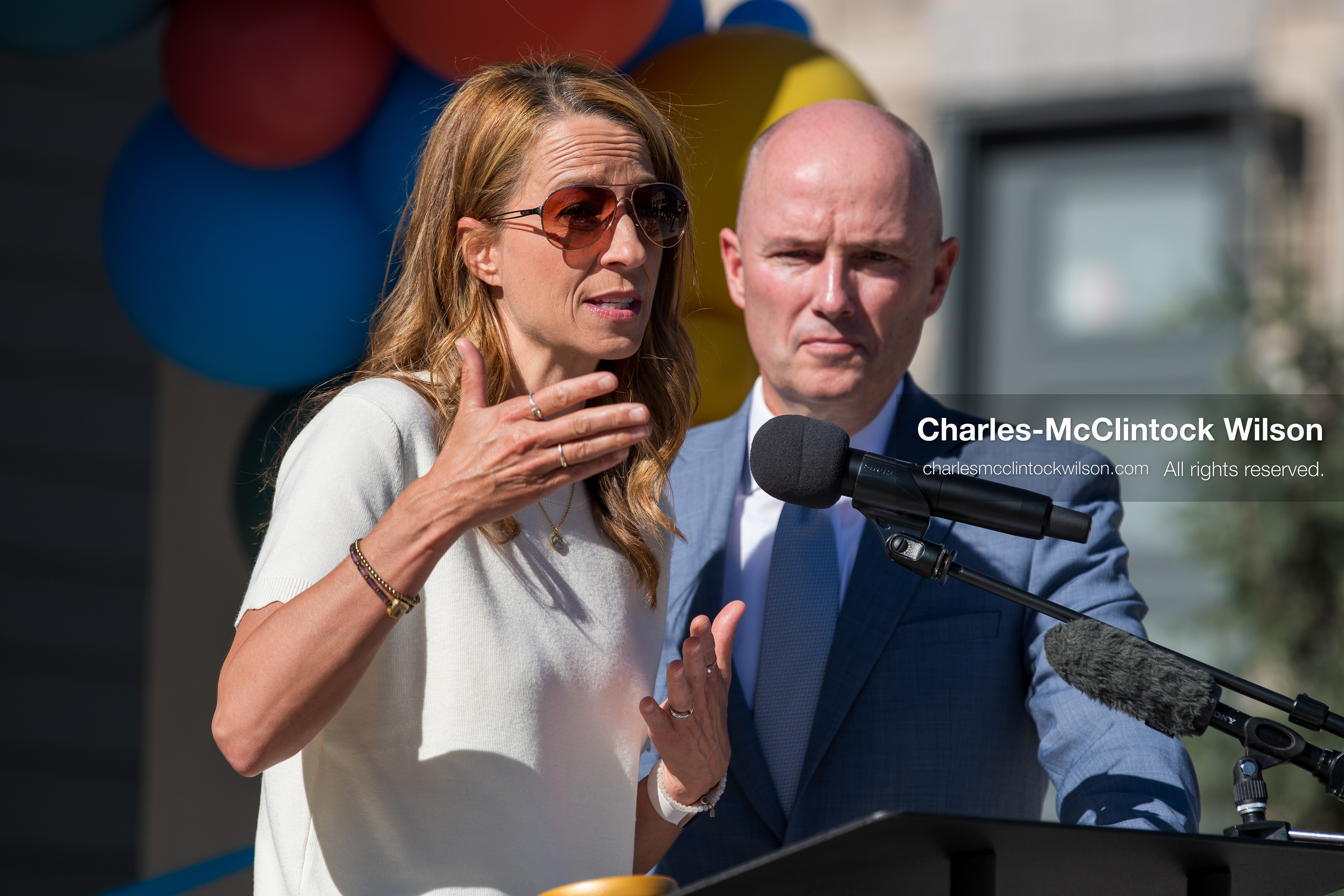 May 28, 2026, Lehi, Utah, USA: Utah First Lady ABBY COX speaks as Governor SPENCER COX looks on during the opening of Innovation Park at Holbrook Farms and the Lehi Rippy Literacy Center on May 28, 2026, in Lehi, Utah. (Credit Image: © Charles‑McClintock Wilson/ZUMA Press Wire)
