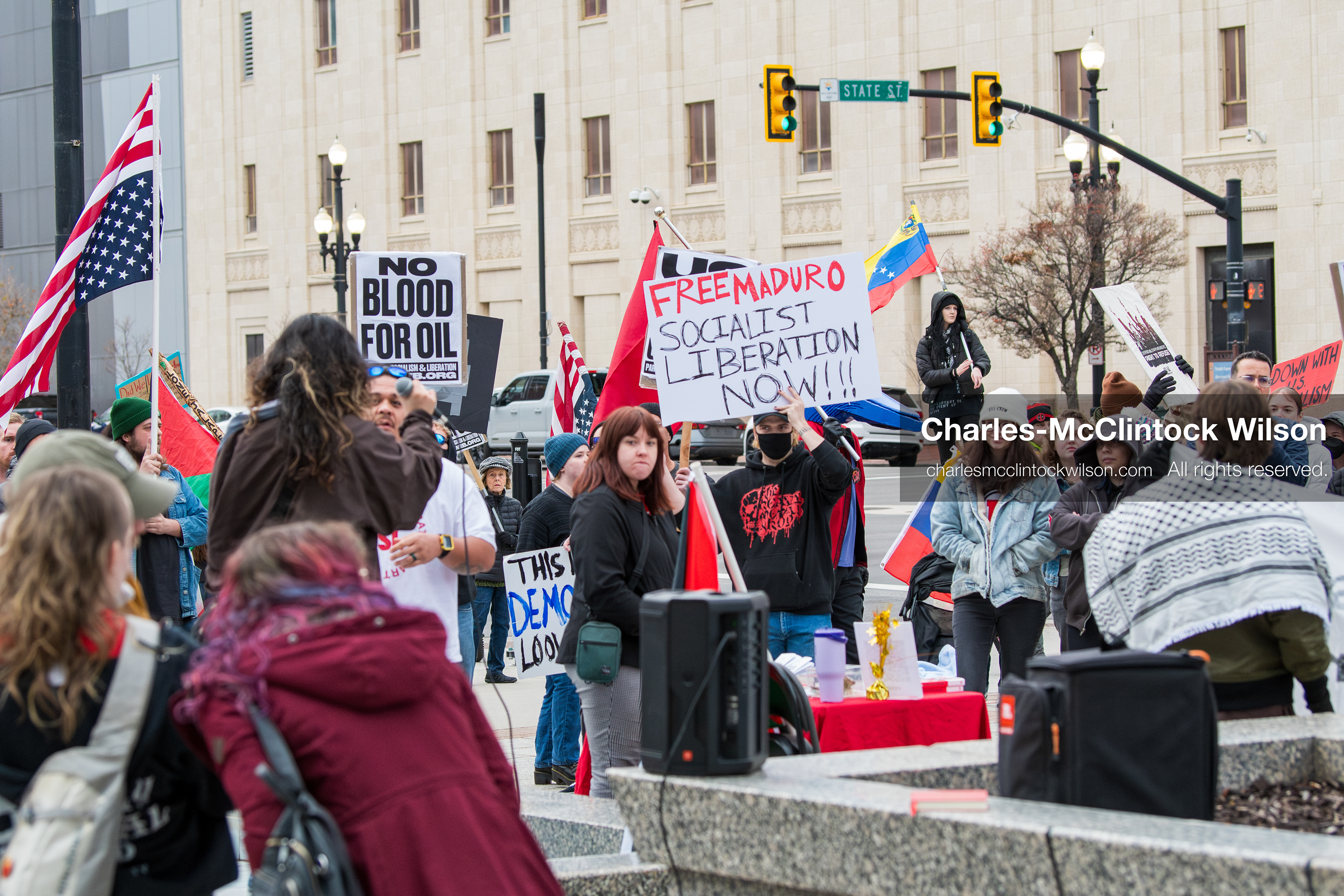 January 3, 2026, Salt Lake City, Utah, USA: Protesters hold signs during an emergency demonstration against US action in Venezuela outside the Wallace Federal Building in Salt Lake City, Utah. The event was part of a nationwide mobilization responding to recent military developments. (Credit Image: (c) Charles‑McClintock Wilson/ZUMA Press Wire)