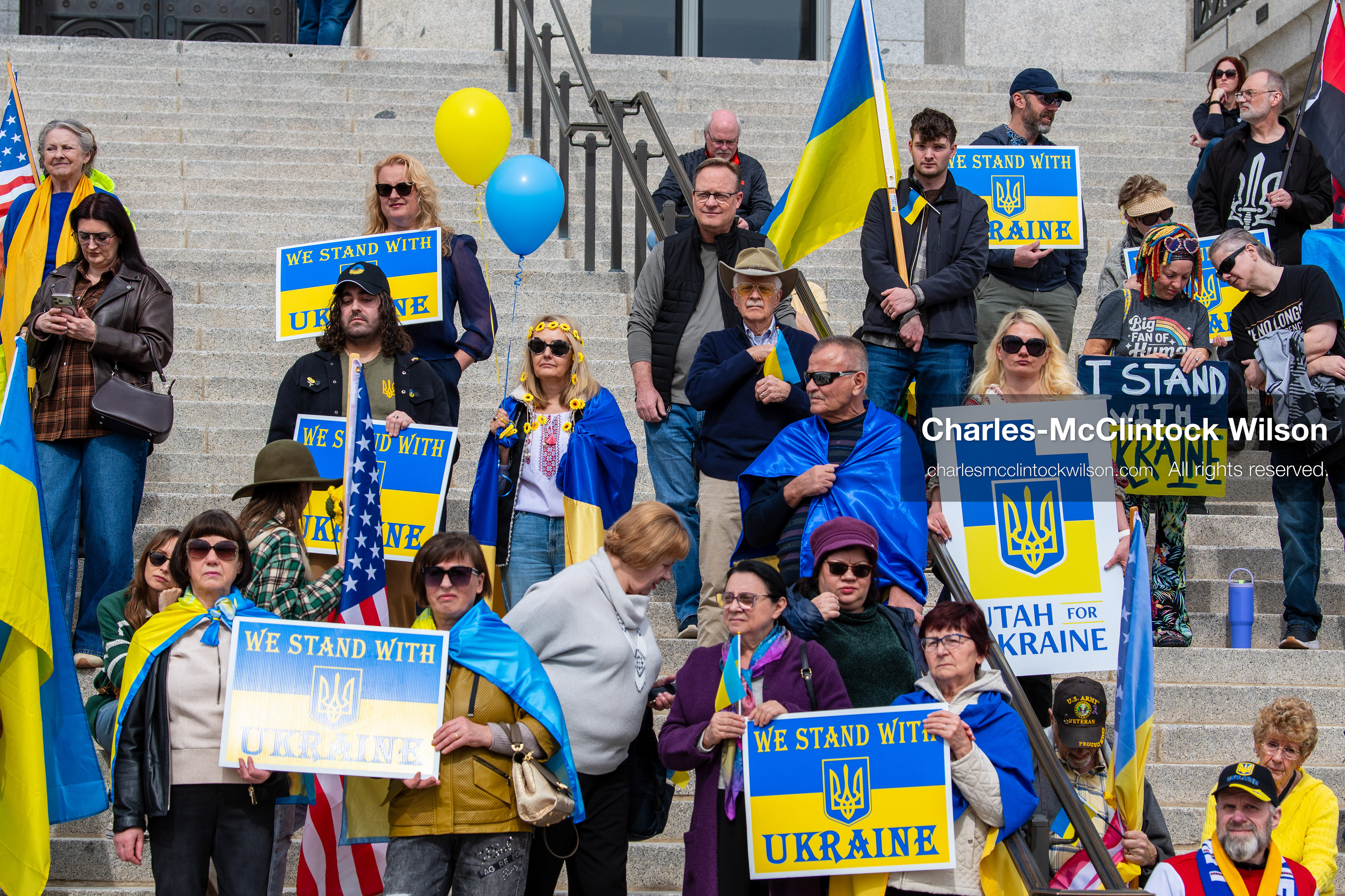 February 28, 2026, Salt Lake City, Utah, USA: Supporters gather on the steps of the Utah State Capitol during the Stand With Ukraine rally marking the four year anniversary of the full scale Russian invasion of Ukraine. Participants hold signs and Ukrainian flags as community members call for continued support for Ukraine and an end to the war. (Credit Image: © Charles McClintock Wilson/ZUMA Press Wire)