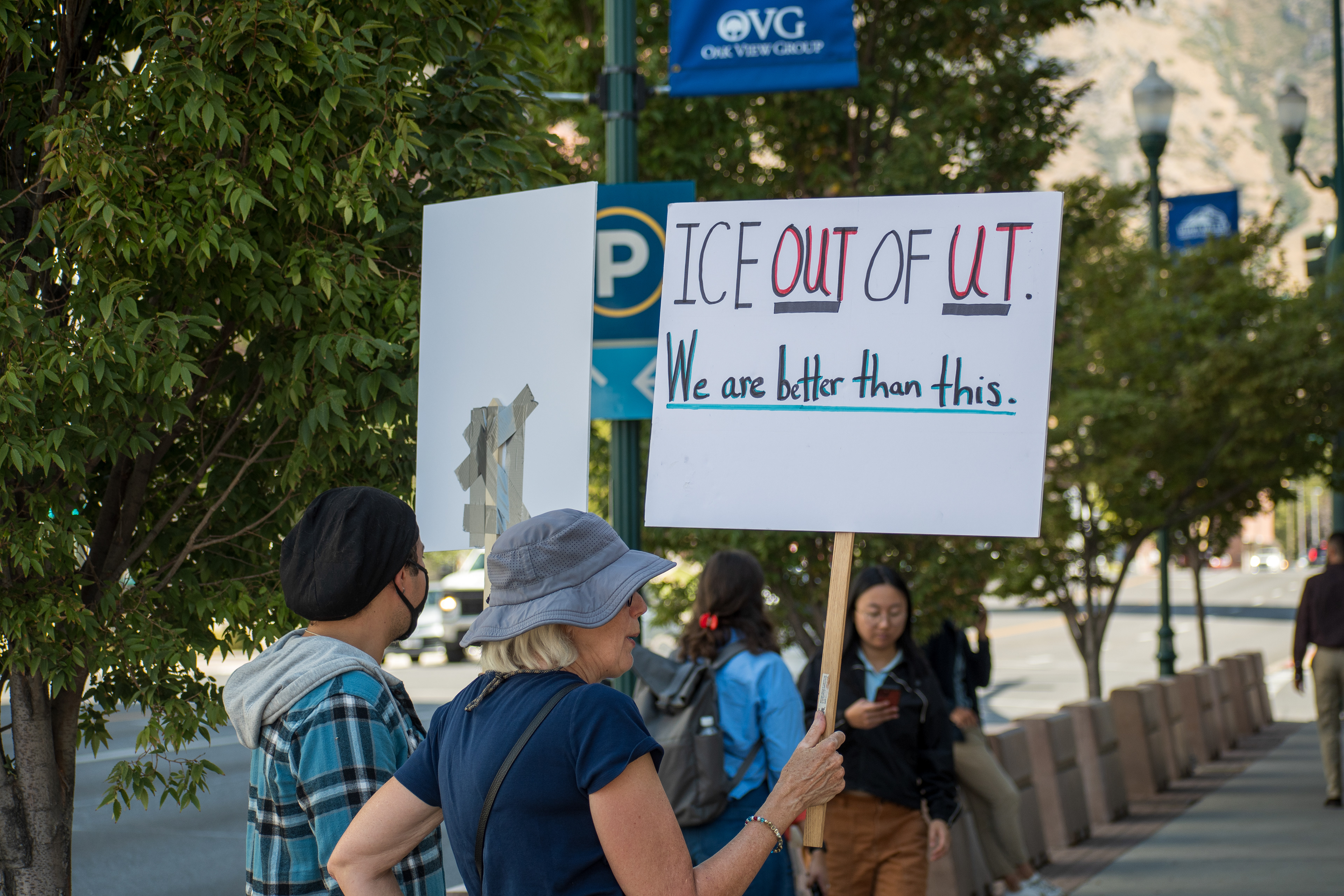 September 15, 2025 – Provo, Utah, United States: Demonstrators hold signs outside the Utah Valley Convention Center during a protest against the Department of Homeland Security career expo, voicing opposition to federal policing and immigration enforcement. Photograph by Charles‑McClintock Wilson / ZUMA Press Wire
