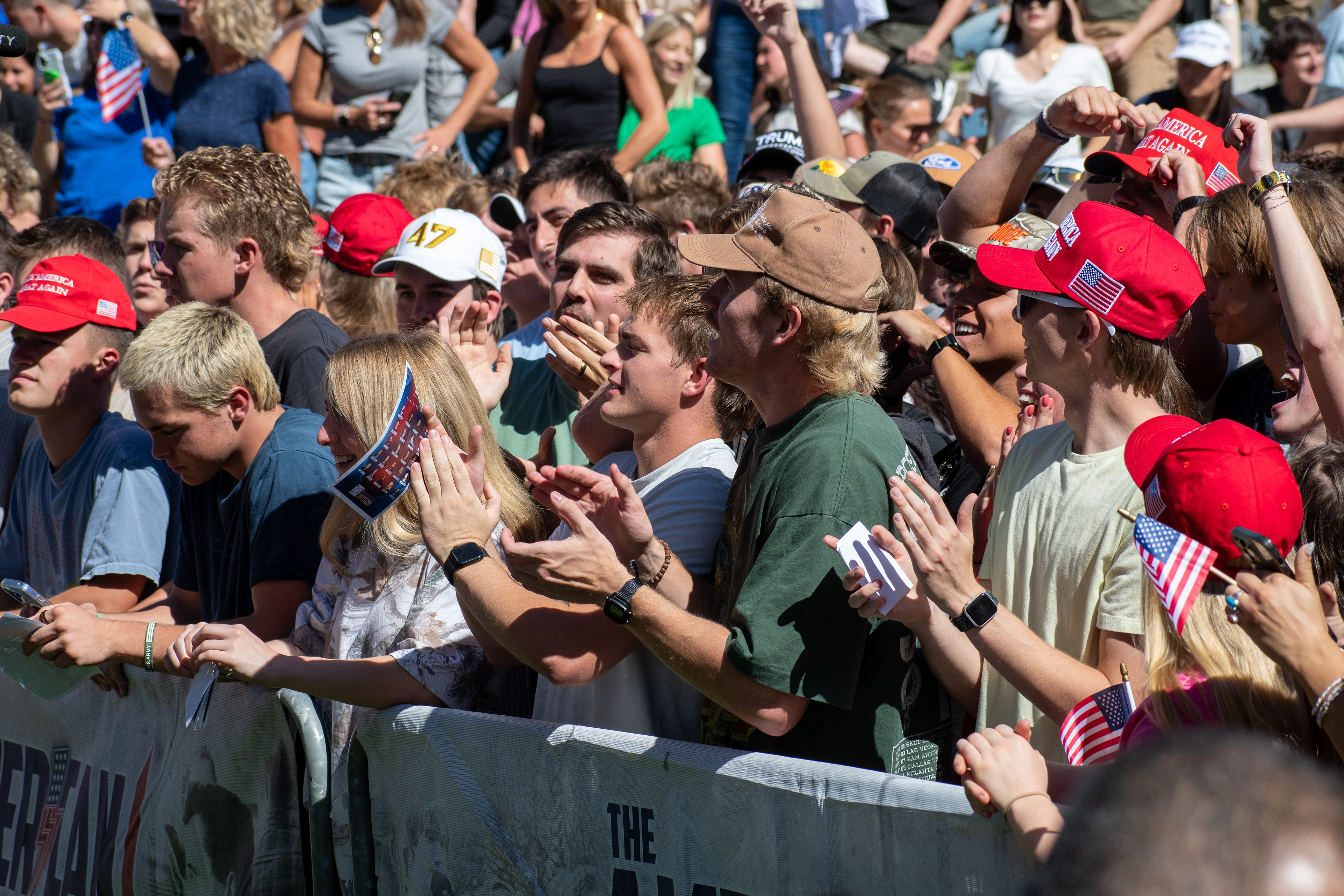 OREM, UTAH – SEPTEMBER 10, 2025: Supporters gather in dense formation at Utah Valley University for the opening stop of Charlie Kirk’s American Comeback Tour. Wearing red hats and campaign slogans, attendees reflect the grassroots momentum and emotional clarity that defined the event’s intended spirit. The image captures the scale, conviction, and communal energy of a crowd assembled for civic engagement. © Charles-McClintock Wilson / ZUMA Press