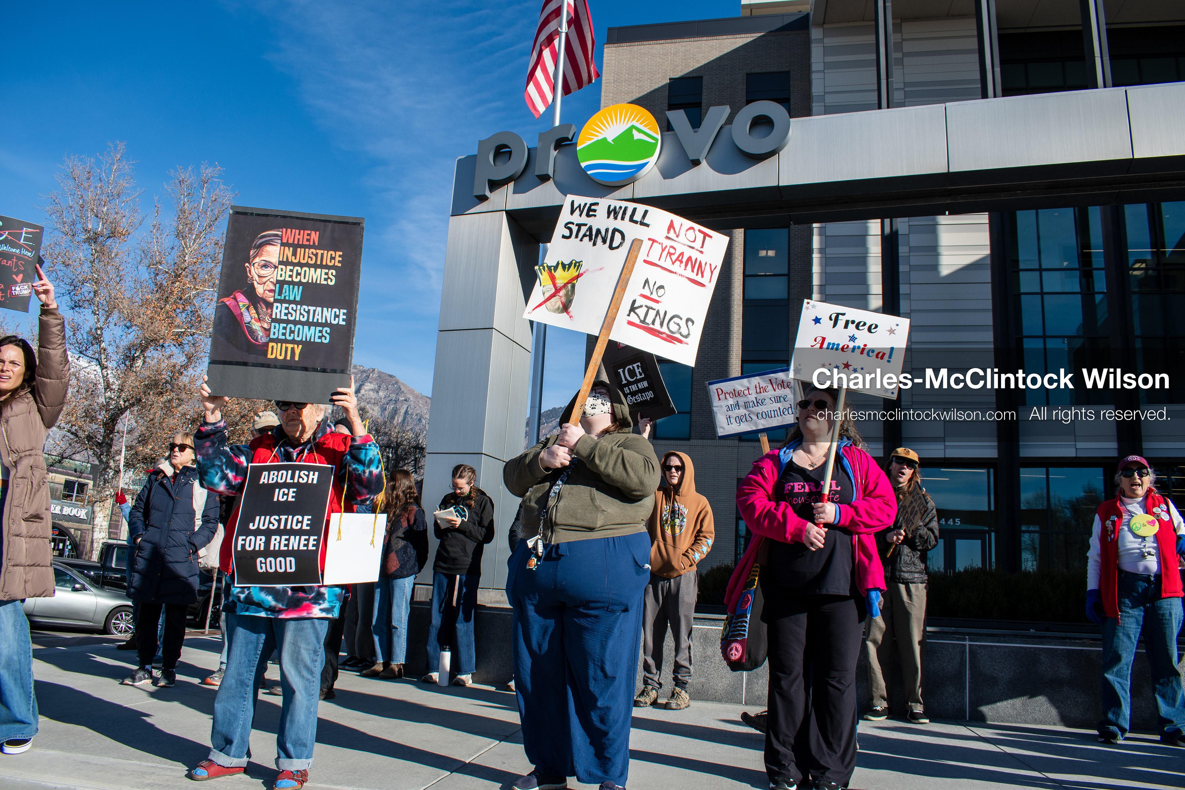 January 20, 2026, Provo, Utah, USA: Protesters gather outside Provo City Hall during the Free America Walkout protest in Provo, Utah, on January 20, 2026. Demonstrators held signs calling for justice, immigration reform, and an end to detention practices. (Credit Image: © Charles-McClintock Wilson/ZUMA Press Wire)
