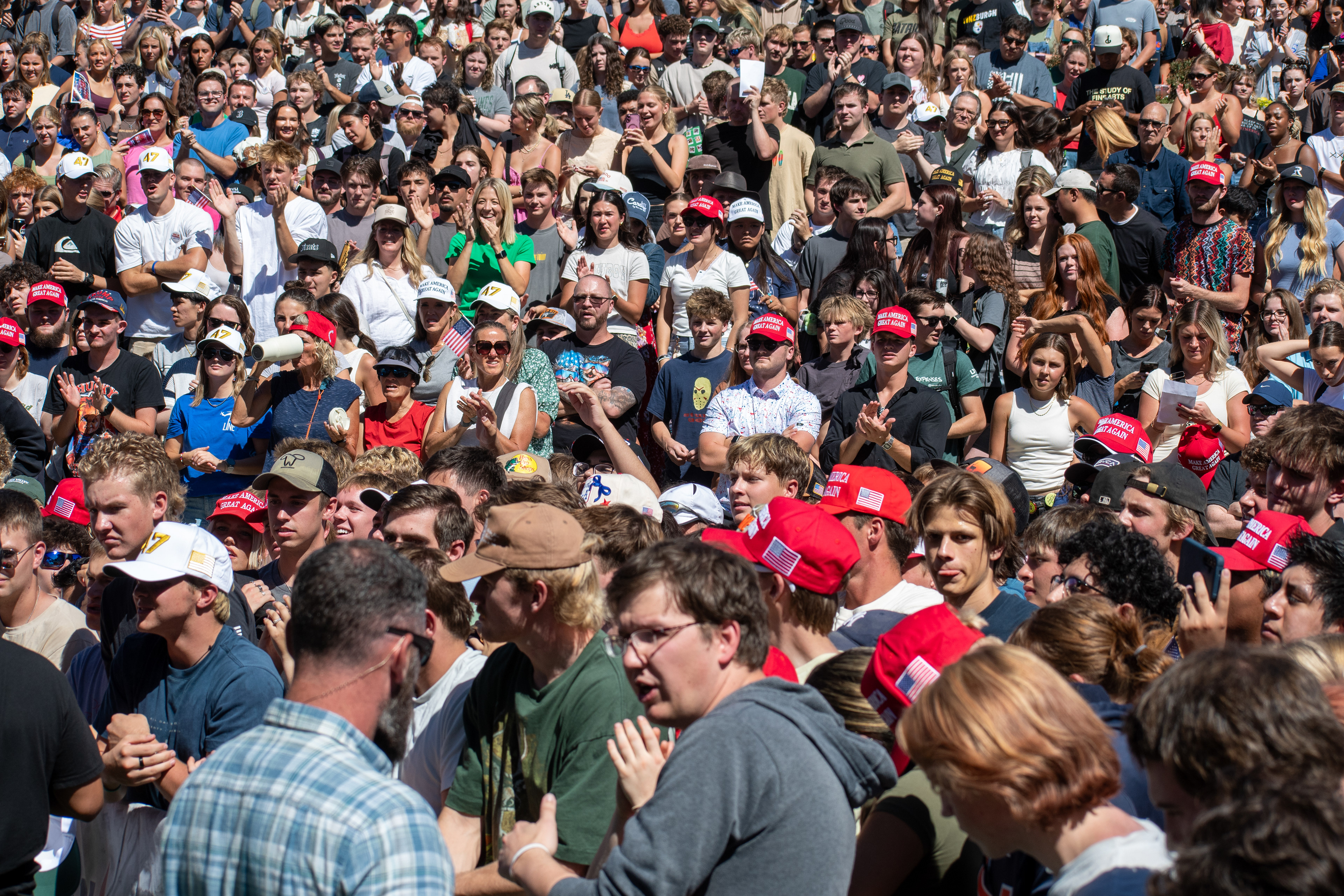 OREM, UTAH – SEPTEMBER 10, 2025: Attendees gather in close formation at Utah Valley University for the opening stop of the American Comeback Tour. The image captures a moment of shared anticipation and civic presence, reflecting the energy, emotion, and communal engagement that defined the event’s intended spirit. © Charles-McClintock Wilson / ZUMA Press 