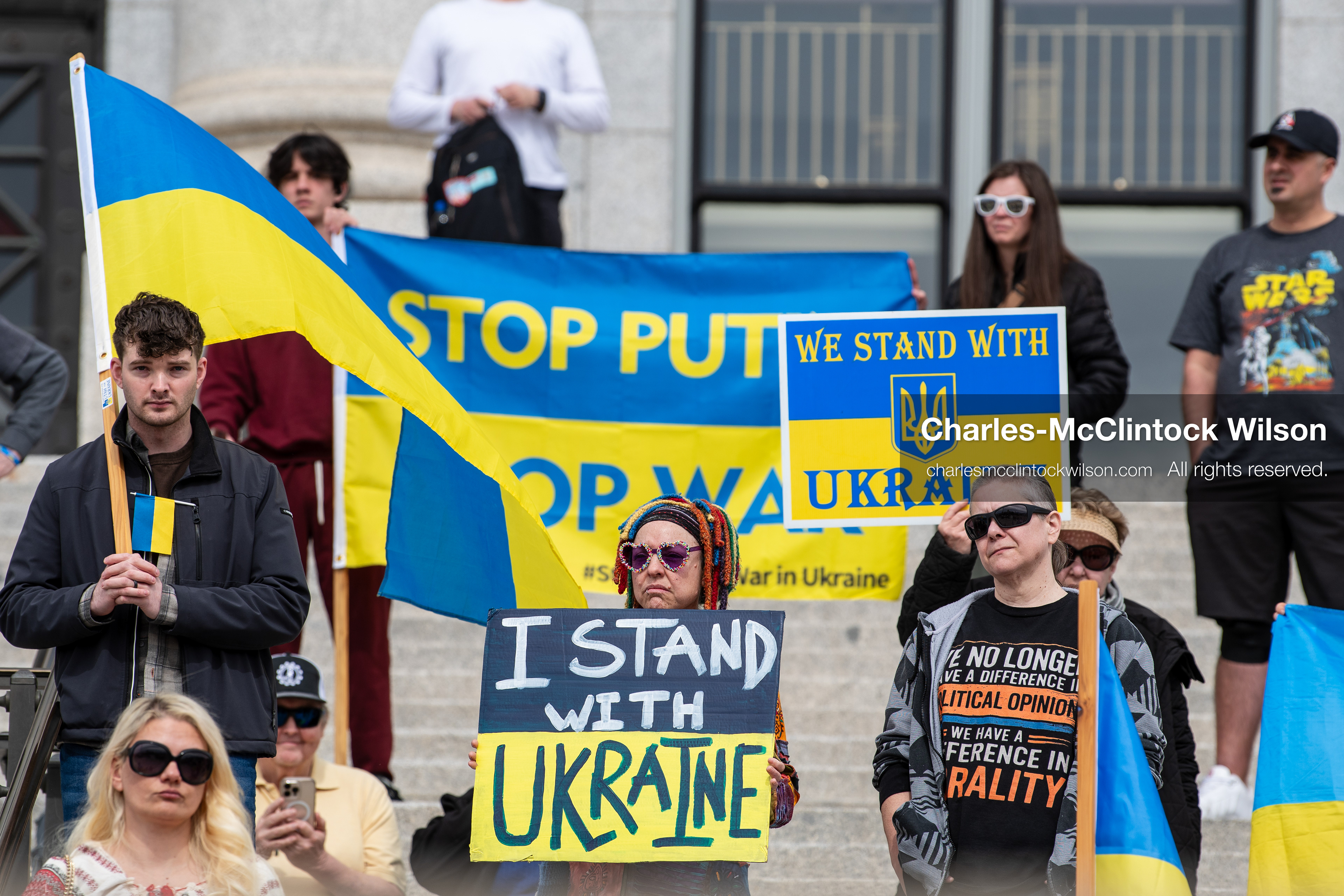 February 28, 2026, Salt Lake City, Utah, USA: Supporters gather on the steps of the Utah State Capitol during the Stand With Ukraine rally marking the four year anniversary of the full scale Russian invasion of Ukraine. Participants hold signs and Ukrainian flags as community members call for continued support for Ukraine and an end to the war. (Credit Image: © Charles McClintock Wilson/ZUMA Press Wire)