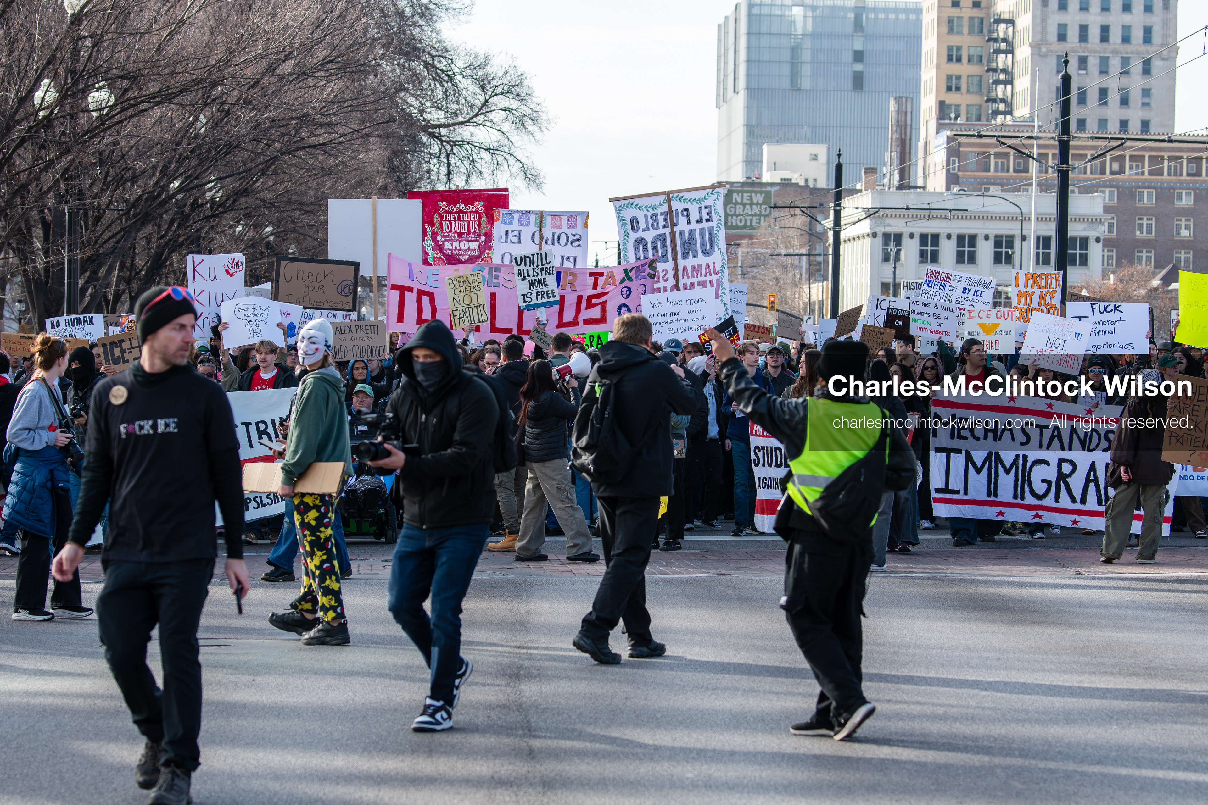 January 30, 2026, Salt Lake City, Utah, USA: Demonstrators march through downtown Salt Lake City during an anti‑ICE protest, part of a nationwide response to immigration enforcement policies. (Credit Image: © Charles‑McClintock Wilson/ZUMA Press Wire)