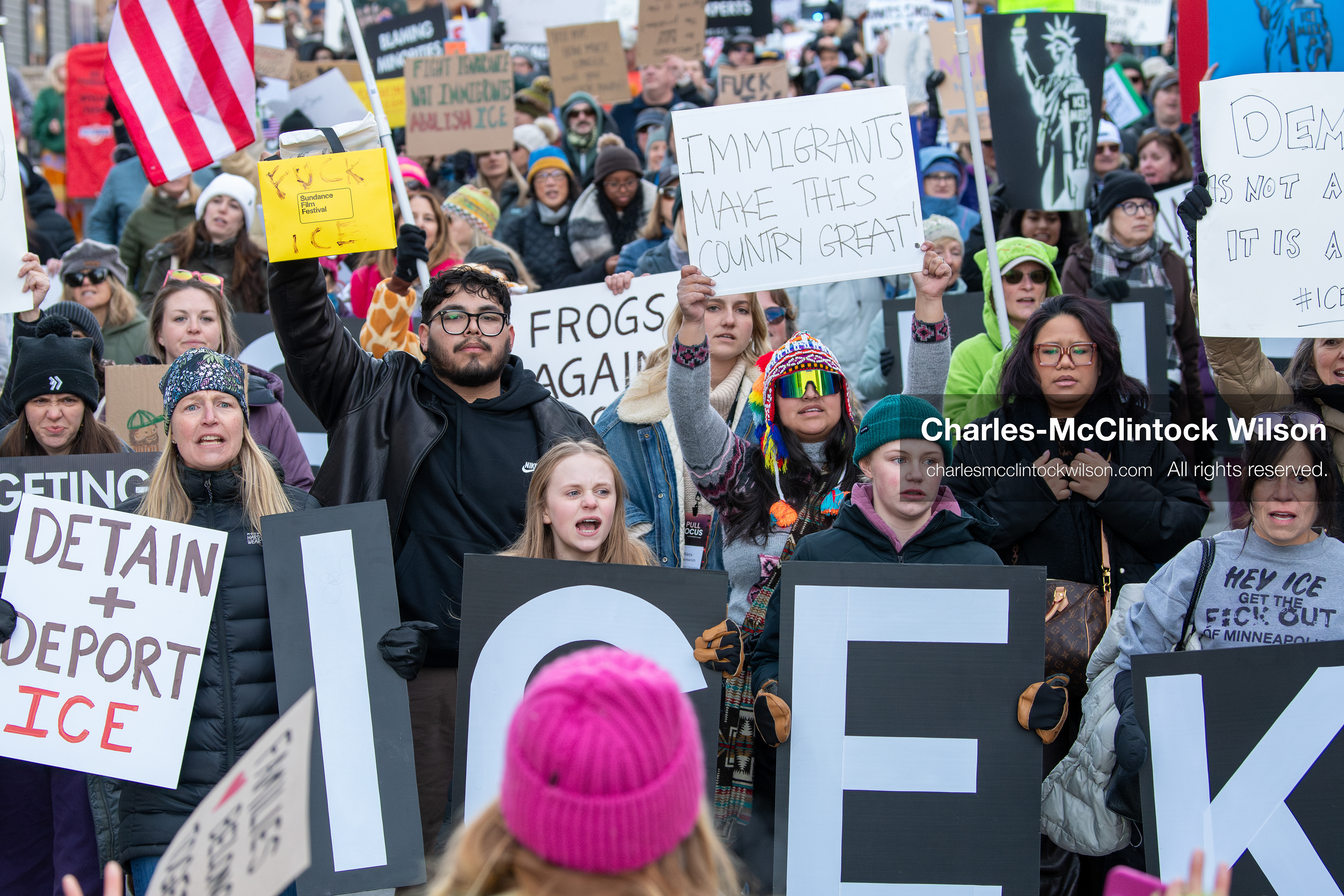 January 26, 2026, Park City, Utah, USA: Demonstrators march through Main Street holding signs during a protest opposing U.S. Immigration and Customs Enforcement (I.C.E.) ICE agents at the Sundance Film Festival in Park City, Utah, on Monday, Jan. 26, 2026. The event was held in response to the fatal shooting of Alex Pretti by a U.S. Border Patrol officer in Minneapolis. (Credit Image: © Charles McClintock Wilson/ZUMA Press Wire)