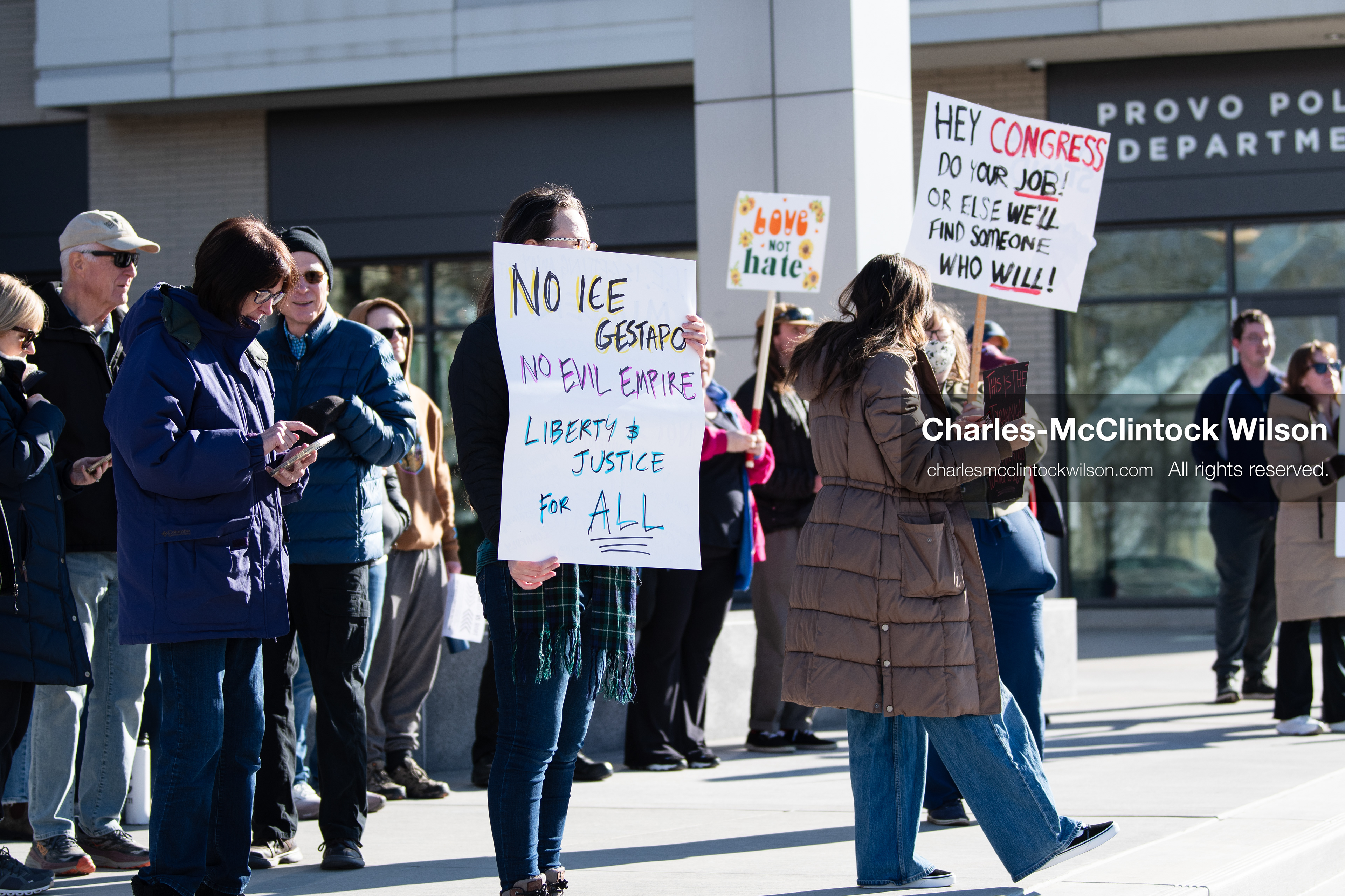 January 20, 2026, Provo, Utah, USA: Protesters gather outside Provo City Hall during the Free America Walkout protest in Provo, Utah, on January 20, 2026. Demonstrators held signs calling for justice, immigration reform, and an end to detention practices. (Credit Image: © Charles-McClintock Wilson/ZUMA Press Wire)