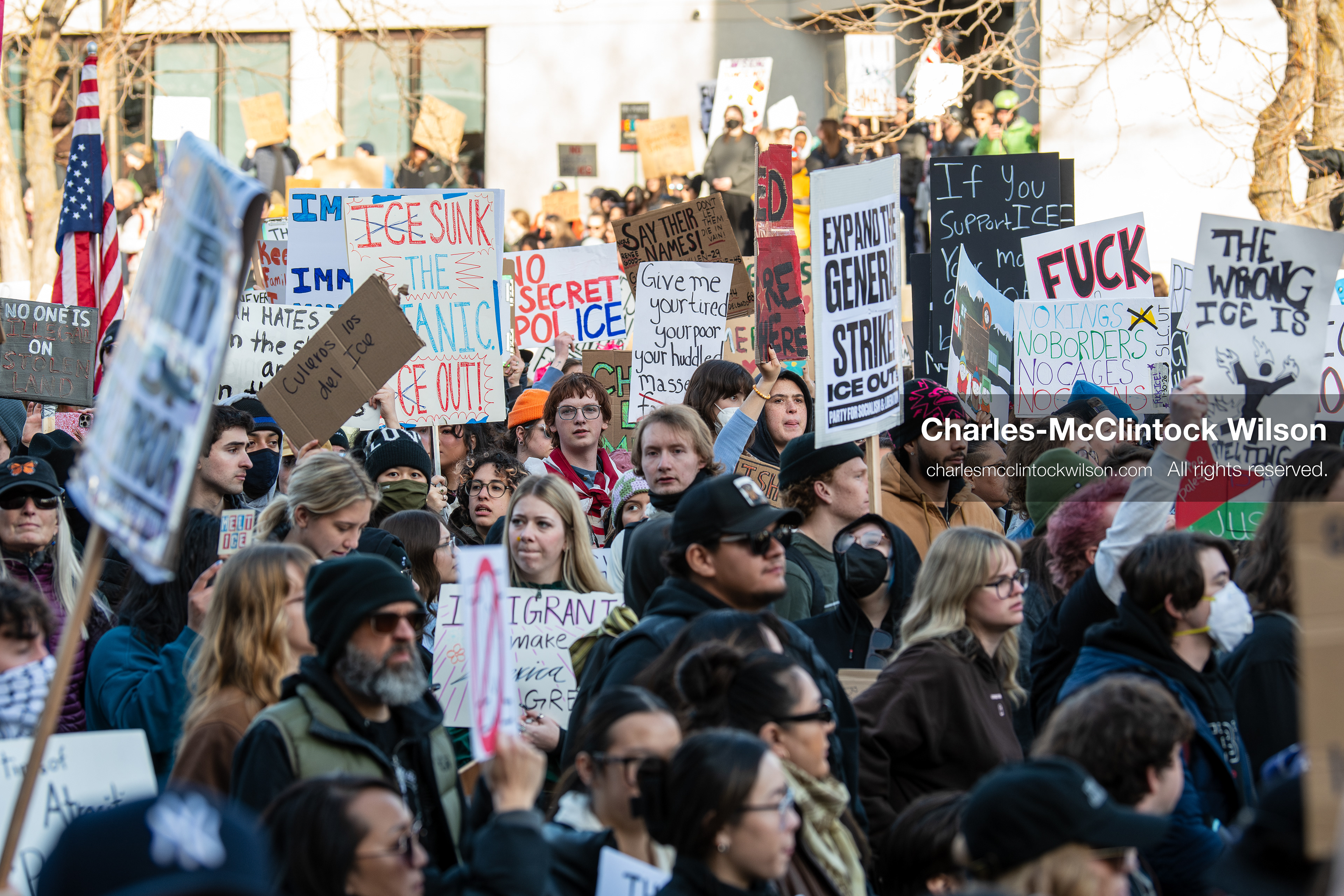 January 30, 2026, Salt Lake City, Utah, USA: Demonstrators march through downtown Salt Lake City during an anti‑ICE protest, part of a nationwide response to immigration enforcement policies. (Credit Image: © Charles‑McClintock Wilson/ZUMA Press Wire)