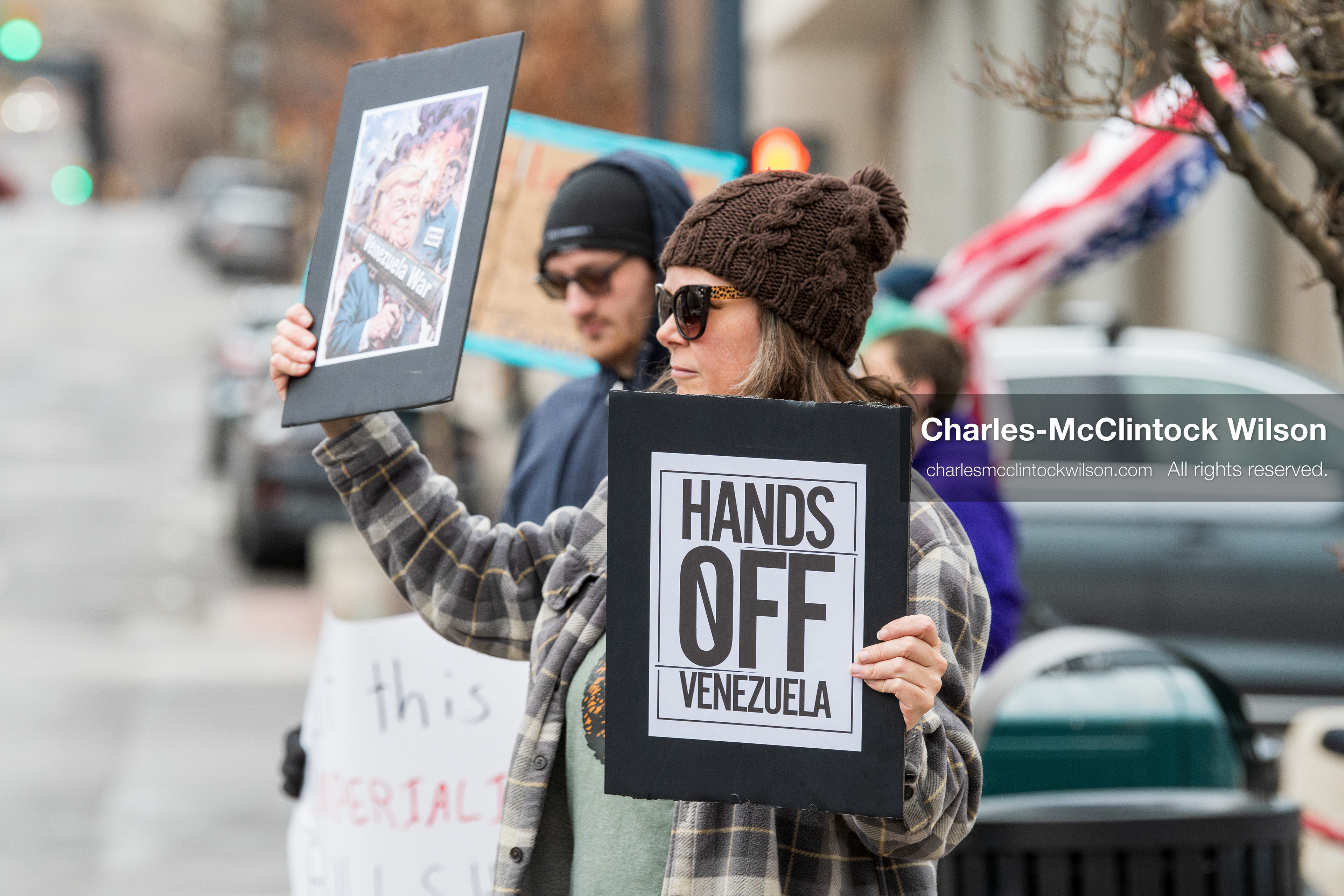 January 3, 2026, Salt Lake City, Utah, USA: Protesters hold signs during an emergency demonstration against US action in Venezuela outside the Wallace Federal Building in Salt Lake City, Utah. The event was part of a nationwide mobilization responding to recent military developments. (Credit Image: (c) Charles‑McClintock Wilson/ZUMA Press Wire)