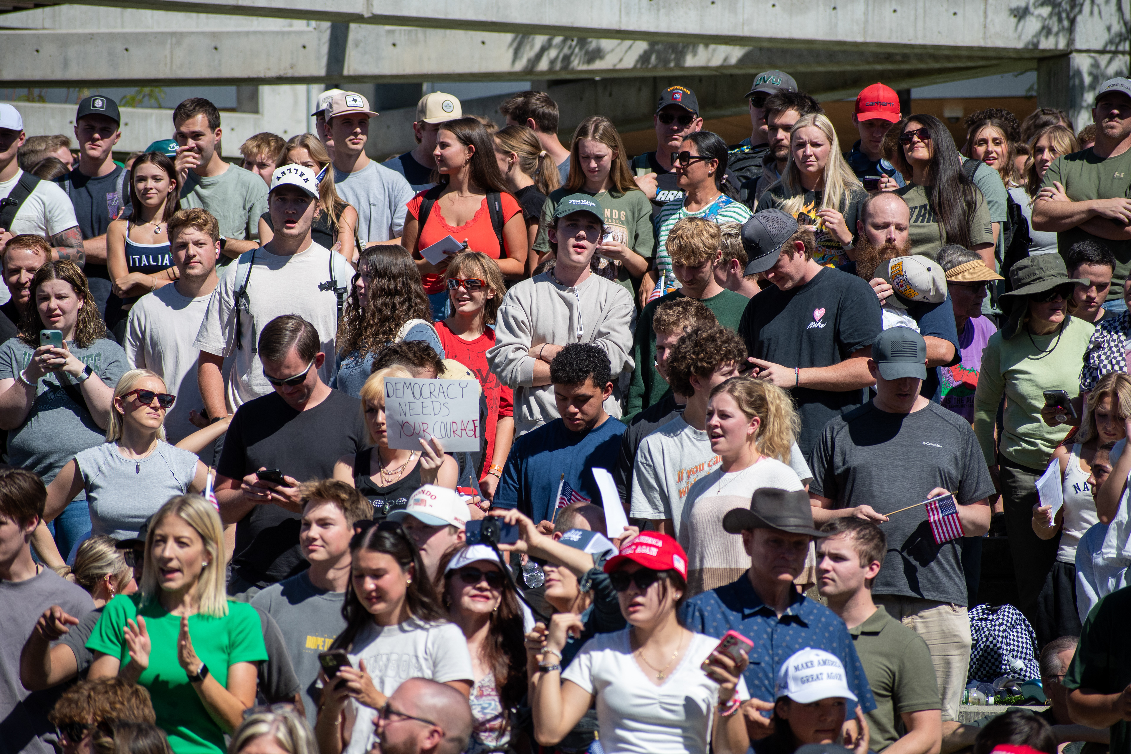 OREM, UTAH – SEPTEMBER 10, 2025: Attendees gather in close formation at Utah Valley University for the opening stop of the American Comeback Tour. The image captures a moment of shared anticipation and civic presence, reflecting the energy, emotion, and communal engagement that defined the event’s intended spirit. © Charles-McClintock Wilson / ZUMA Press