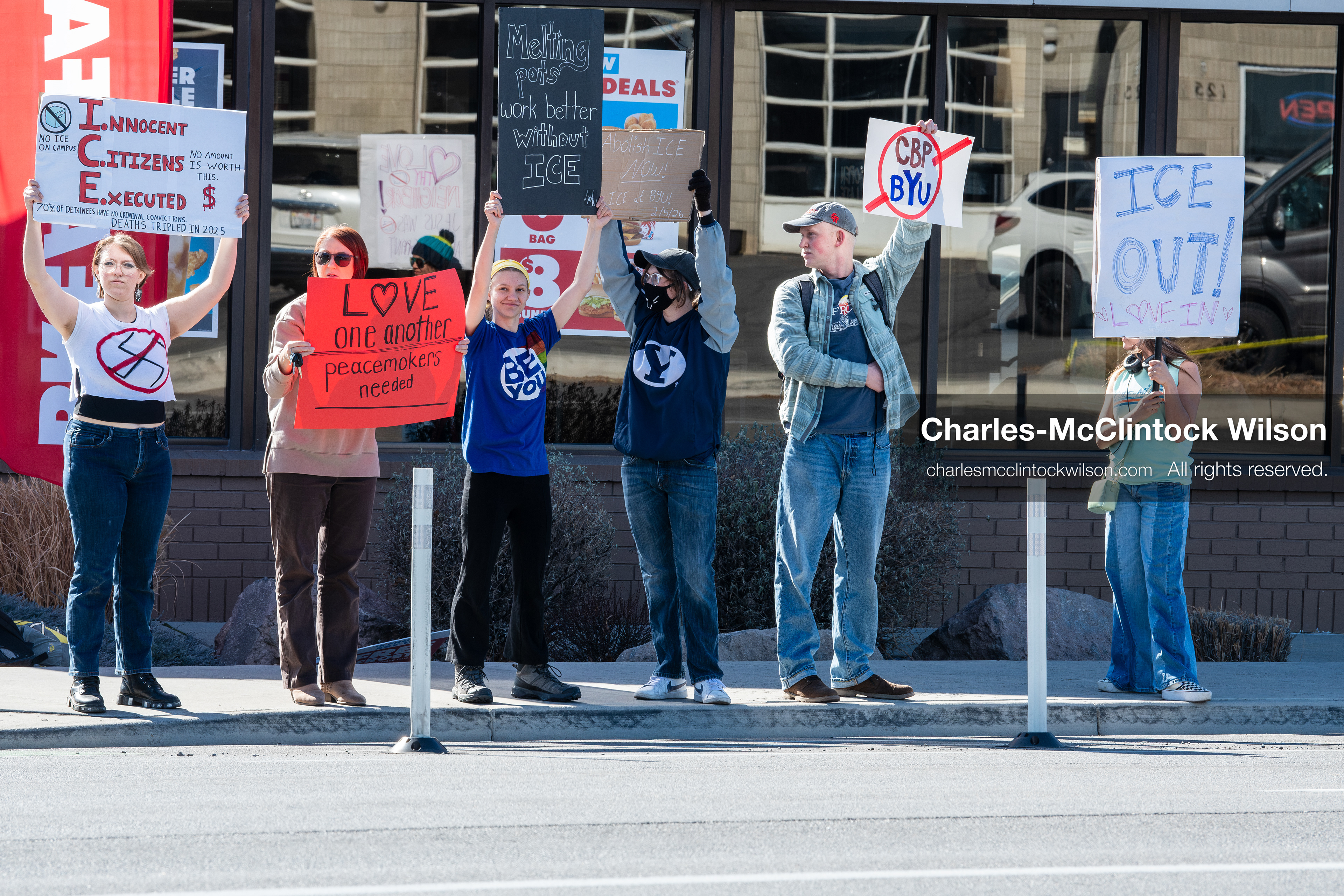 February 5, 2026, Provo, Utah, USA: Students and community members gather near Brigham Young University in Provo to demonstrate against the presence of US Customs and Border Protection recruiters at a career fair held on the BYU campus. (Credit Image: © Charles McClintock Wilson/ZUMA Press Wire)
