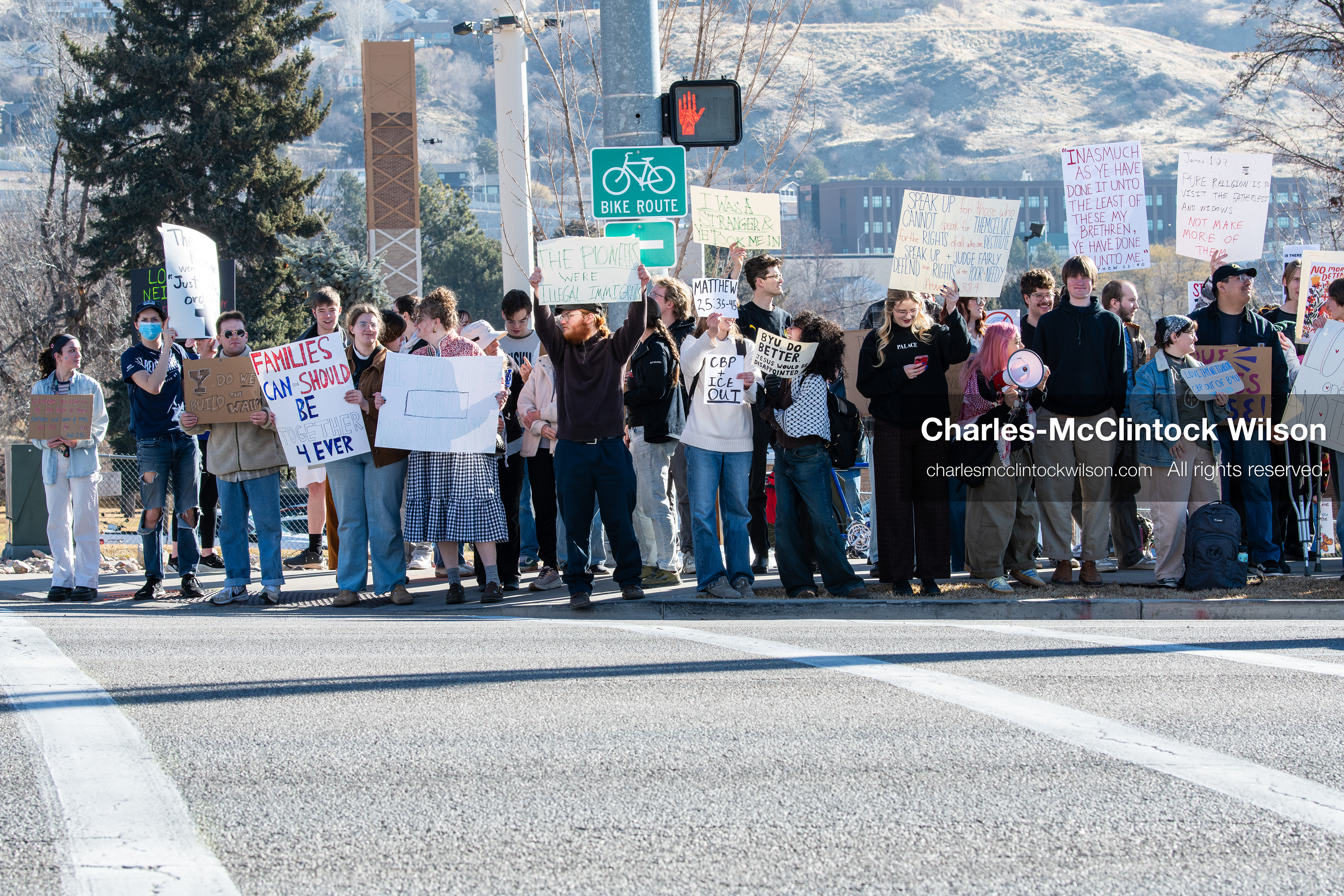 February 5, 2026, Provo, Utah, USA: Students and community members gather near Brigham Young University in Provo to demonstrate against the presence of US Customs and Border Protection recruiters at a career fair held on the BYU campus. (Credit Image: © Charles McClintock Wilson/ZUMA Press Wire)