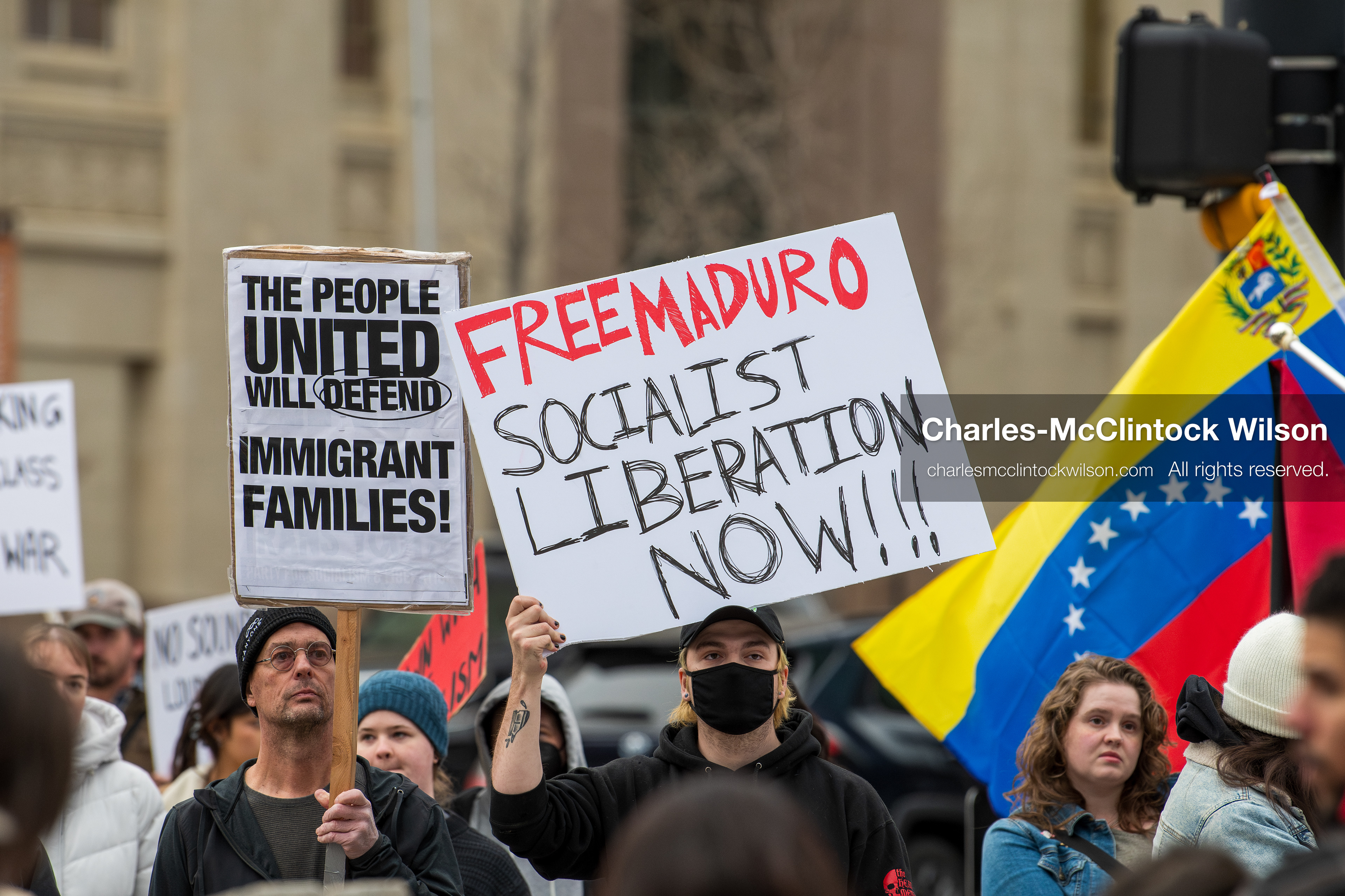 January 3, 2026, Salt Lake City, Utah, USA: Protesters hold signs during an emergency demonstration against US action in Venezuela outside the Wallace Federal Building in Salt Lake City, Utah. The event was part of a nationwide mobilization responding to recent military developments. (Credit Image: (c) Charles‑McClintock Wilson/ZUMA Press Wire)