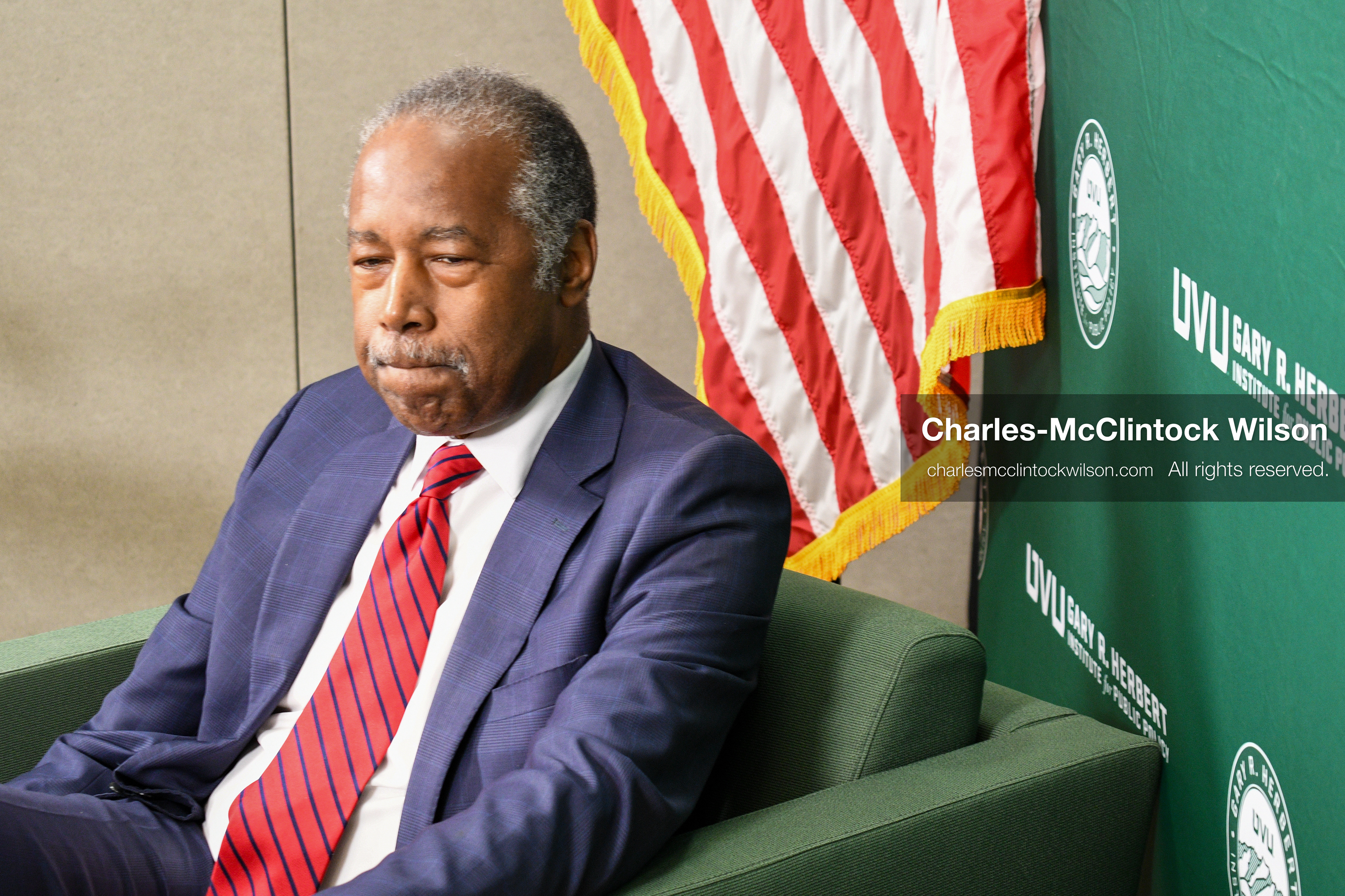 November 5, 2025, Orem, Utah, USA: Dr. Ben Carson, former U.S. Secretary of Housing and Urban Development and 2016 Republican presidential candidate, speaks with members of the press ahead of a public event hosted by the Gary R. Herbert Institute at Utah Valley University in Orem, Utah, on Nov. 5, 2025. (Credit Image: © Charles-McClintock Wilson/ZUMA Press Wire)