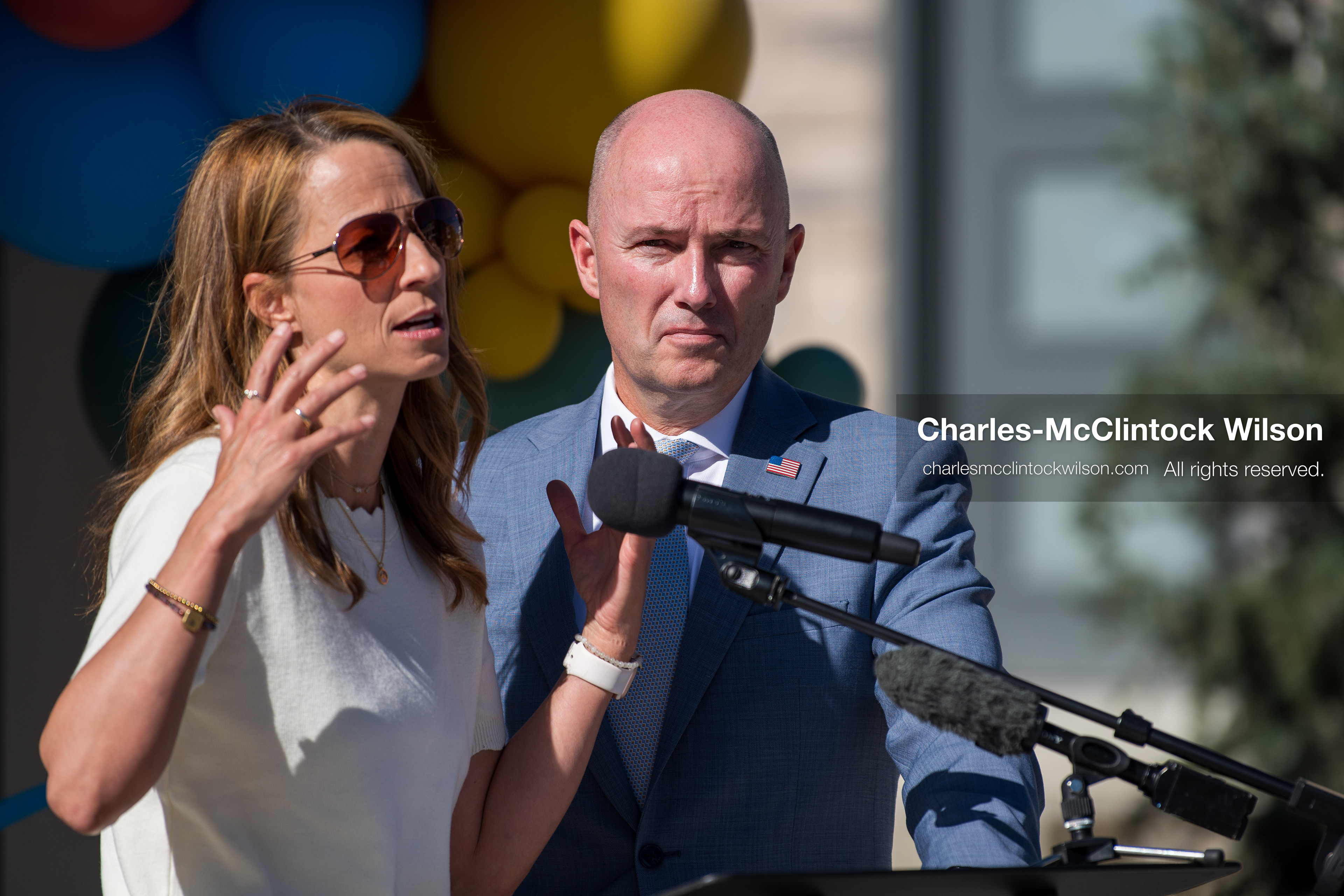 May 28, 2026, Lehi, Utah, USA: Utah First Lady ABBY COX speaks as Governor SPENCER COX looks on during the opening of Innovation Park at Holbrook Farms and the Lehi Rippy Literacy Center on May 28, 2026, in Lehi, Utah. (Credit Image: © Charles‑McClintock Wilson/ZUMA Press Wire)