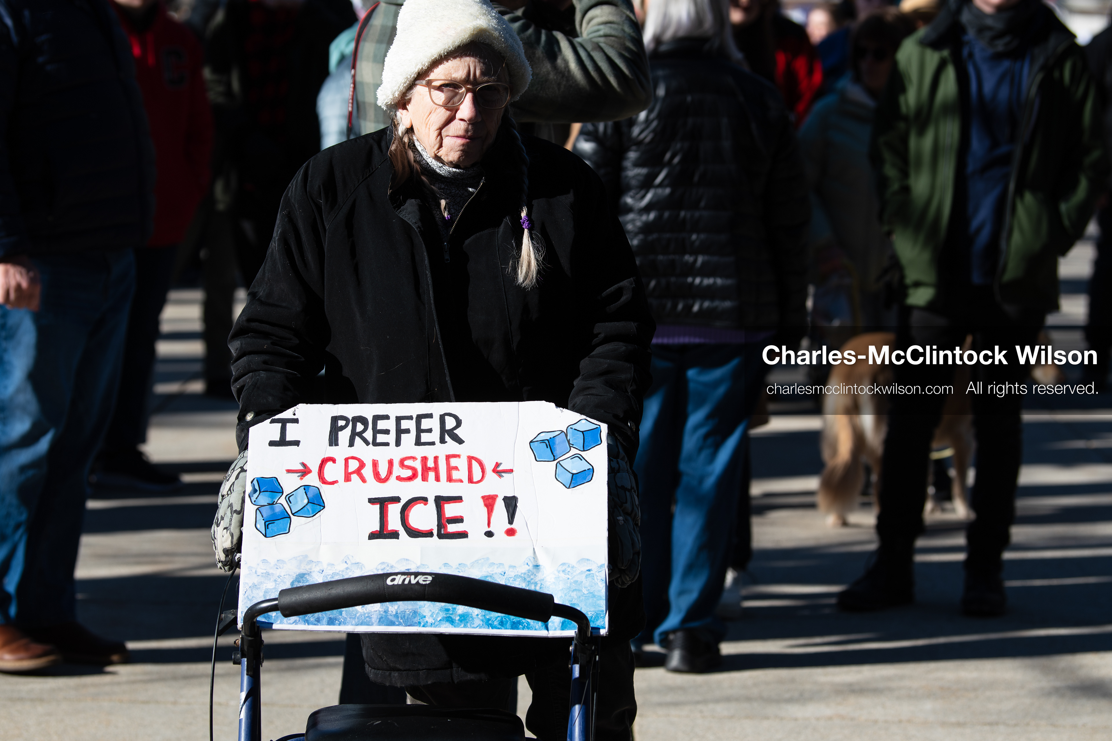 Salt Lake City, Utah, January 10, 2026: An elderly protester sits in a wheelchair holding a sign during the ICE Out for Good protest at Washington Square Park, a demonstration against ICE and calling for justice for Renee Nicole Good. (Credit Image: © Charles‑McClintock Wilson/ZUMA Press Wire)