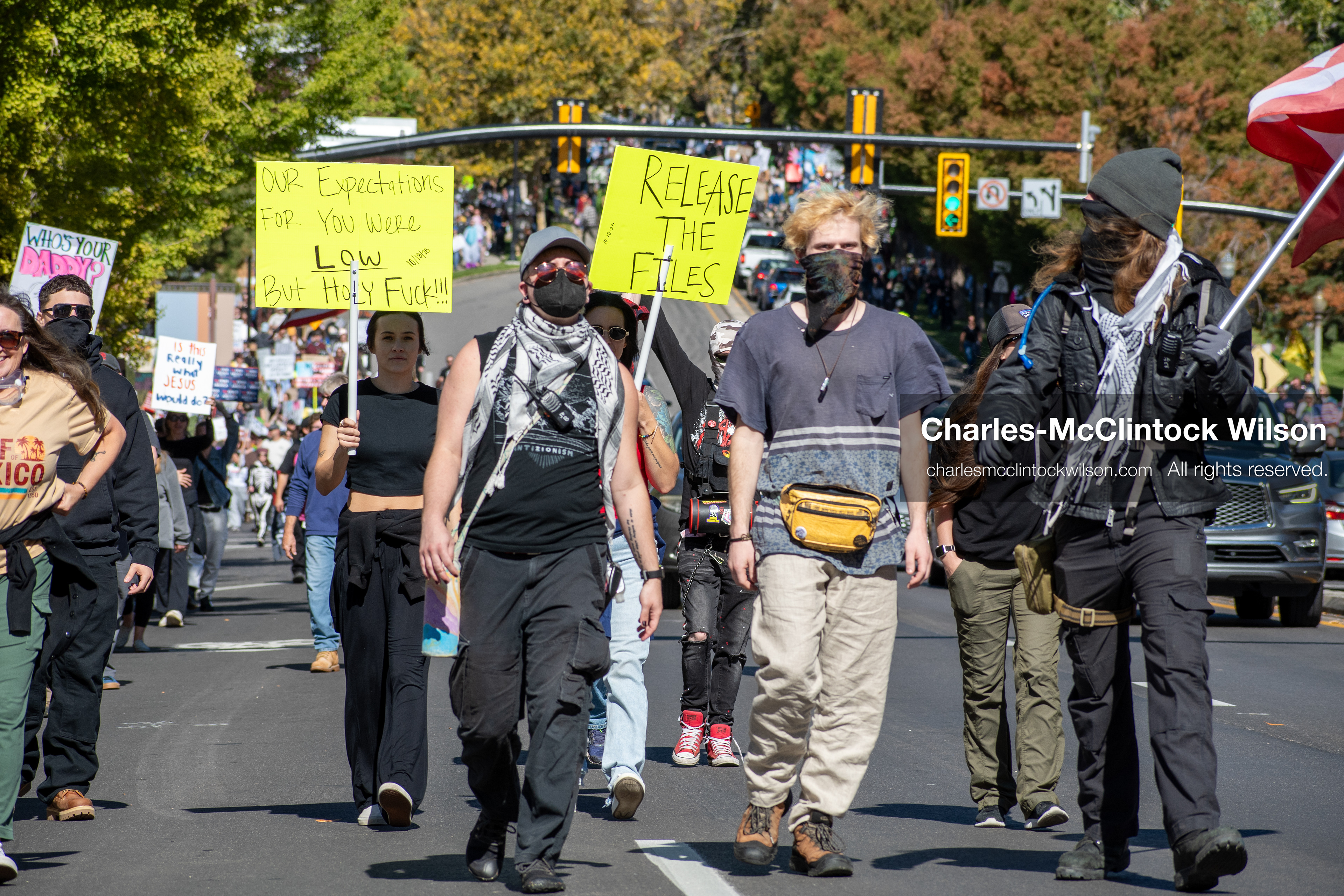 October 18, 2025, Salt Lake City, Utah, USA: Demonstrators march along South State Street during a "No Kings" protest in Salt Lake City, Utah. The protest was part of a nationwide mobilization.