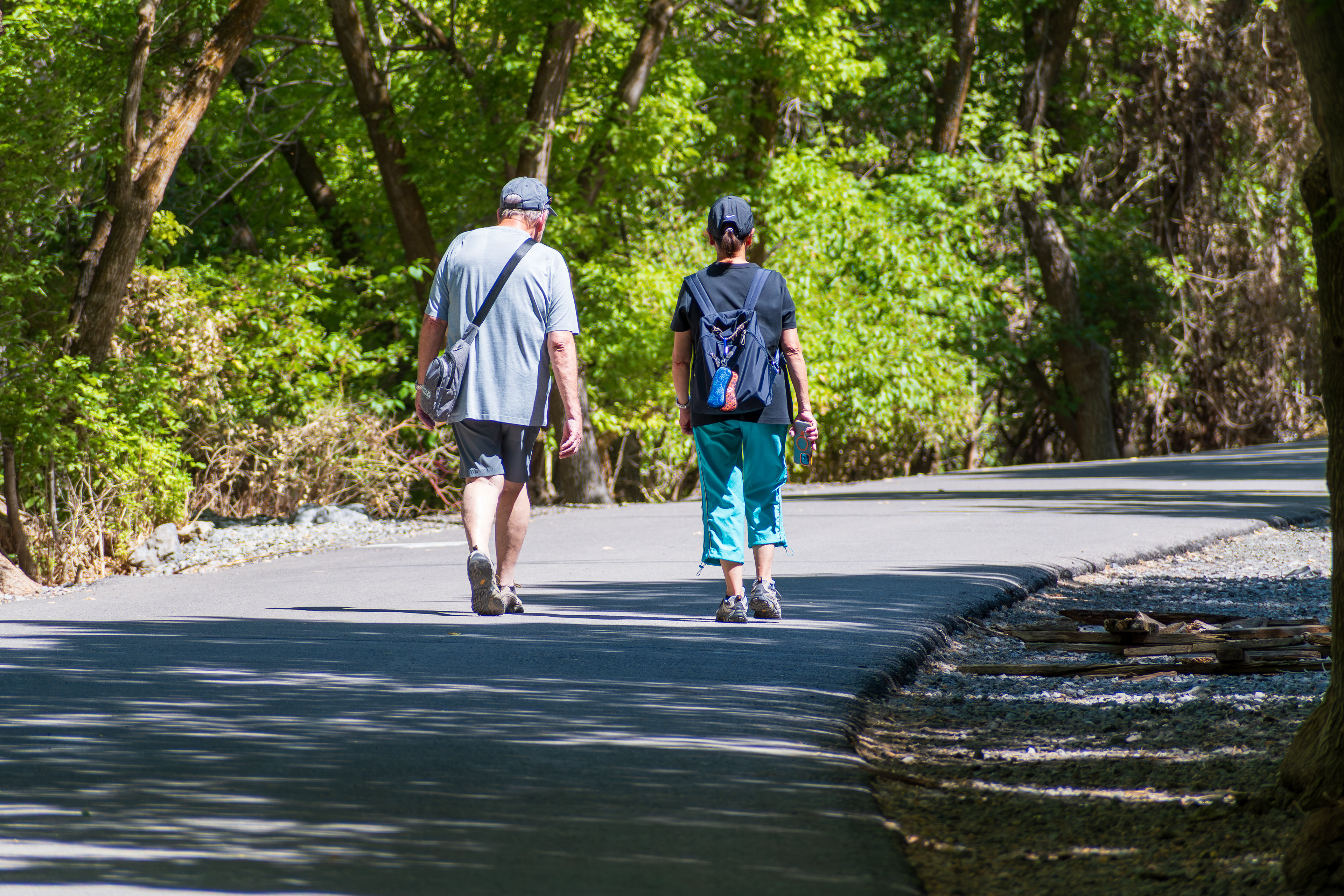 Provo Canyon, Utah, USA — September 1, 2025: People walk along a wooded trail at Canyon Glen Park.