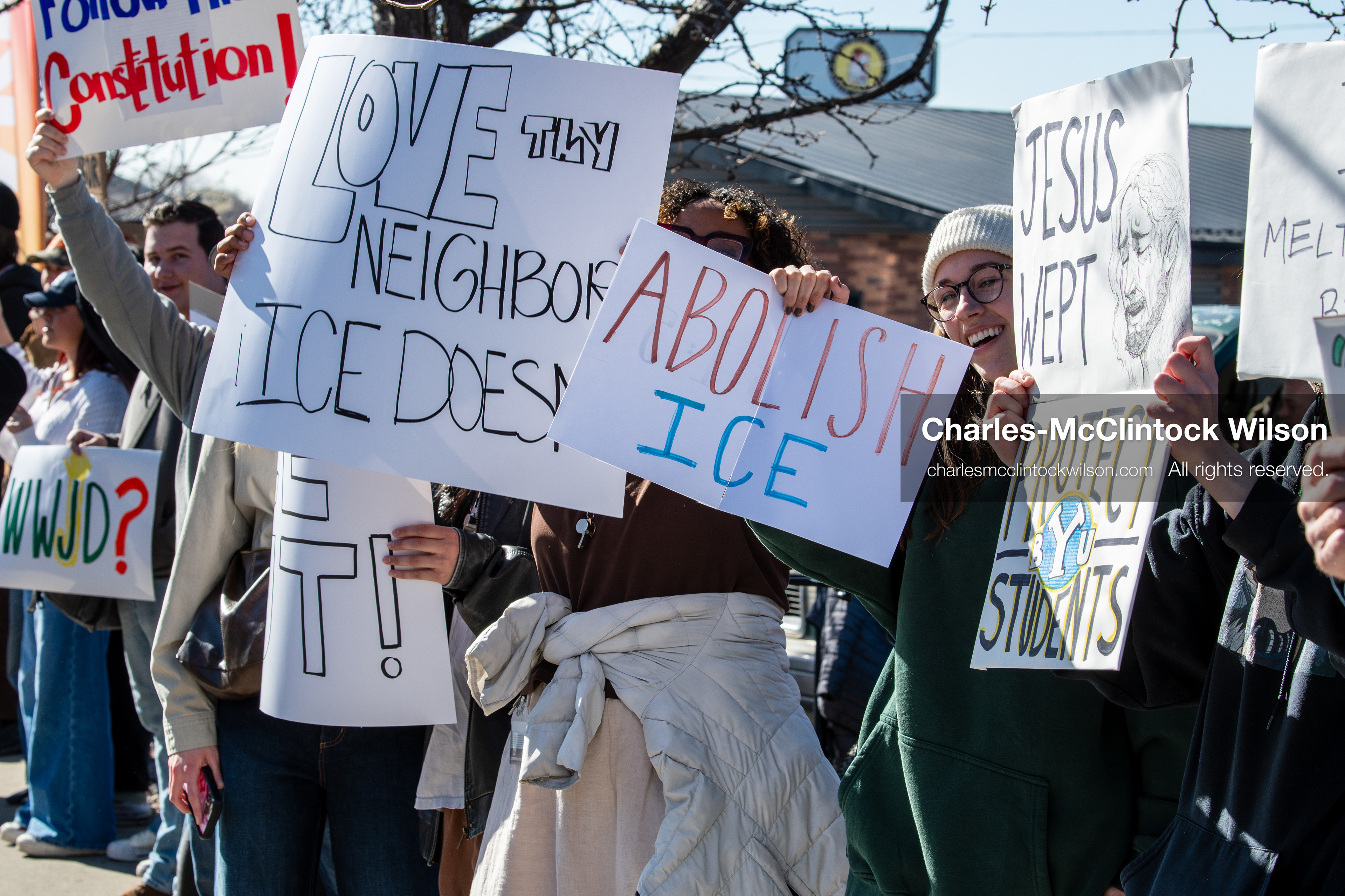 February 5, 2026, Provo, Utah, USA: Students and community members gather near Brigham Young University in Provo to demonstrate against the presence of US Customs and Border Protection recruiters at a career fair held on the BYU campus. (Credit Image: © Charles McClintock Wilson/ZUMA Press Wire)
