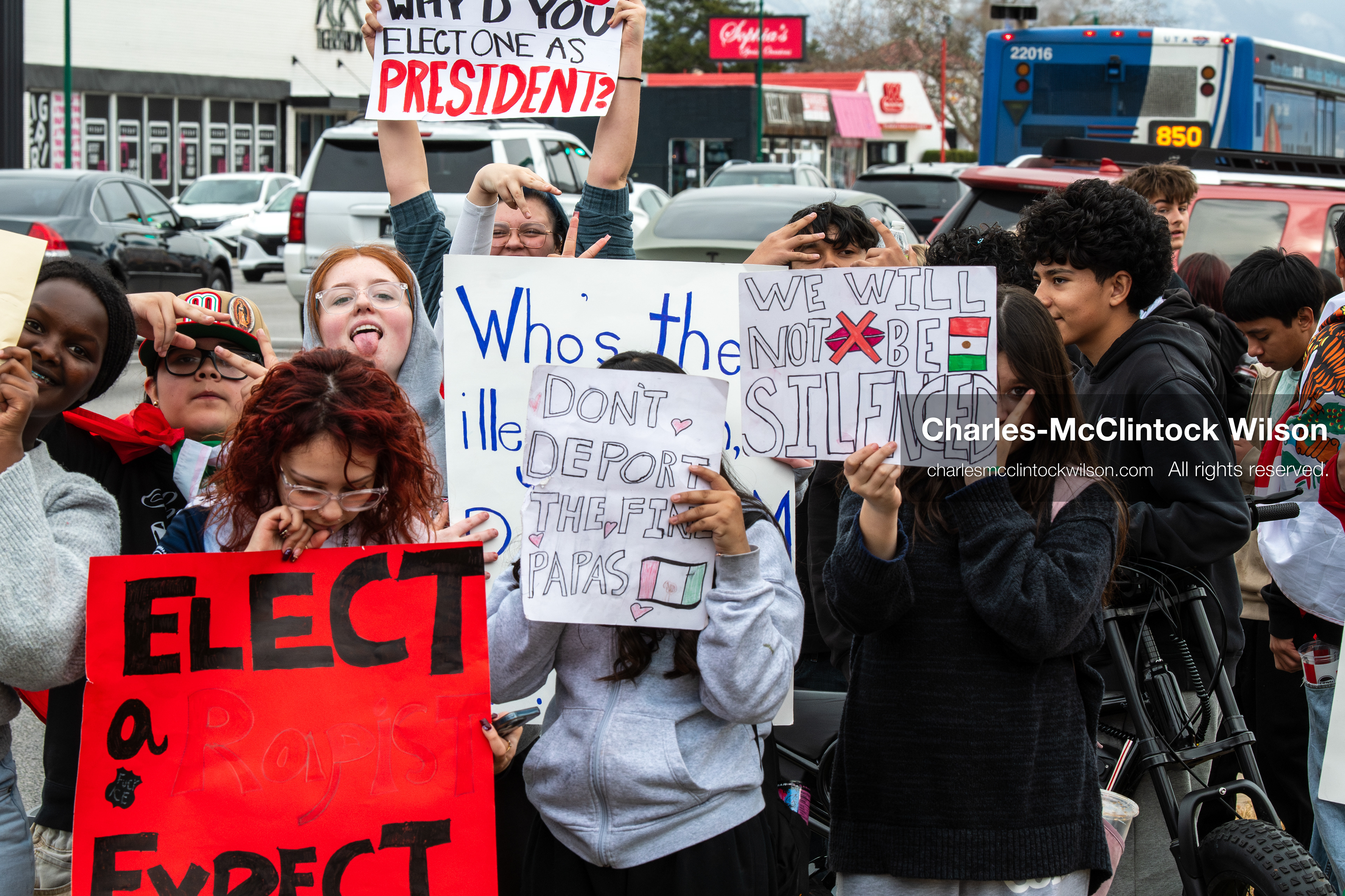 February 11, 2026, Orem, Utah, USA: Students stand on the sidewalk along State Street during a student‑led protest involving participants from multiple Orem schools. (Credit Image: © Charles‑McClintock Wilson/ZUMA Press Wire)