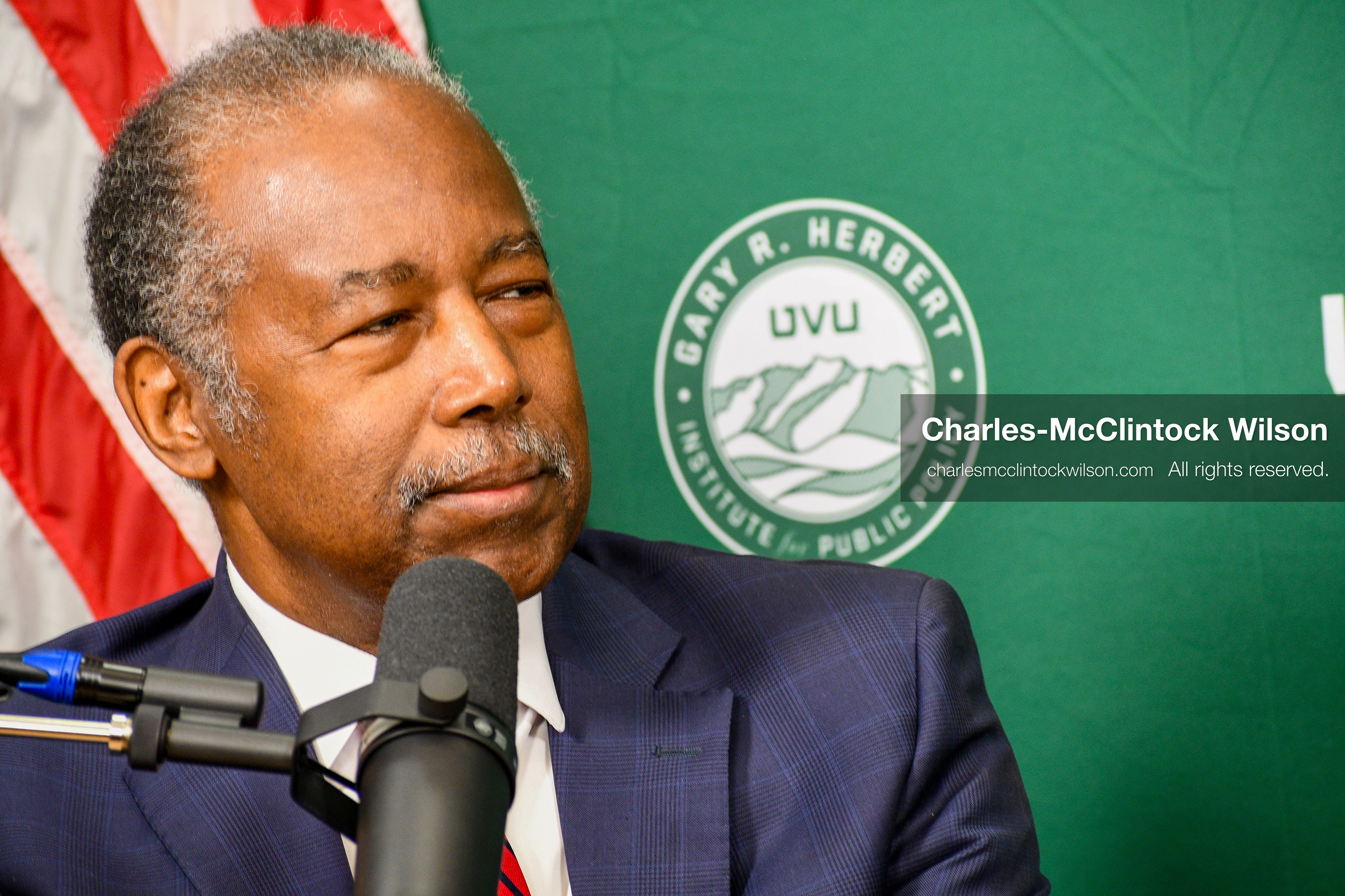 November 5, 2025, Orem, Utah, USA: Dr. Ben Carson, former U.S. Secretary of Housing and Urban Development and 2016 Republican presidential candidate, speaks with members of the press ahead of a public event hosted by the Gary R. Herbert Institute at Utah Valley University in Orem, Utah, on Nov. 5, 2025. (Credit Image: © Charles-McClintock Wilson/ZUMA Press Wire)