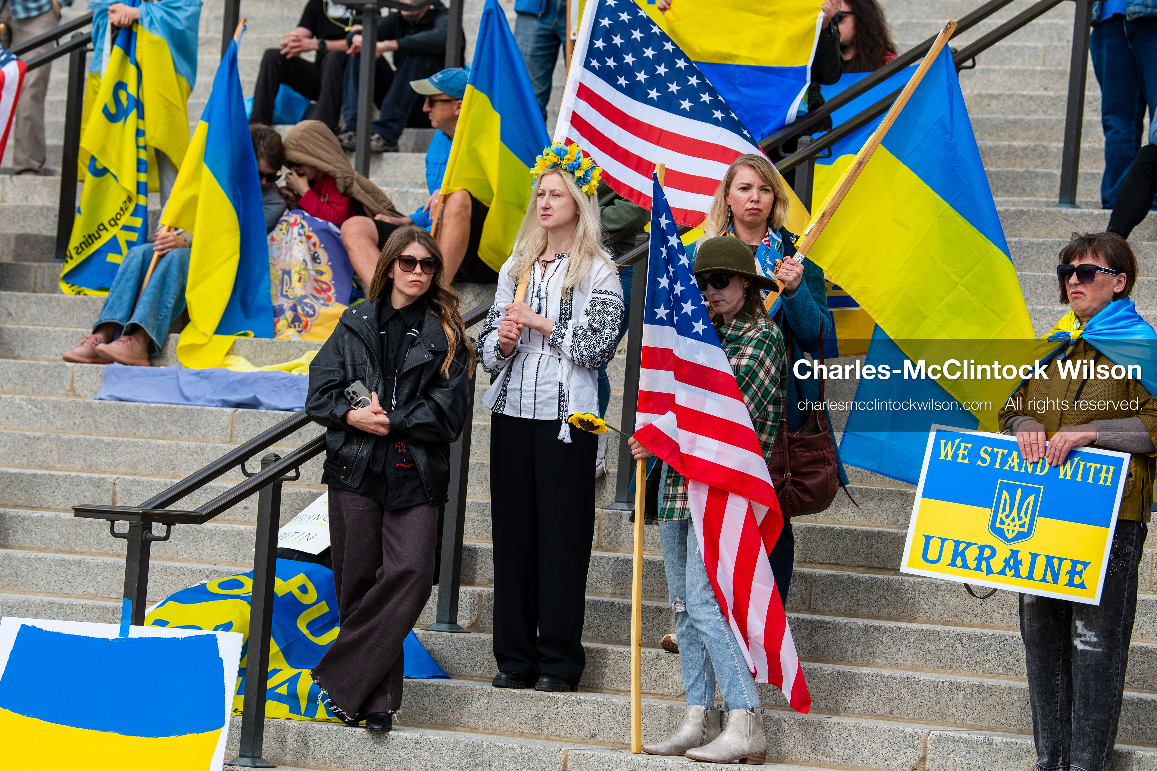 February 28, 2026, Salt Lake City, Utah, USA: Supporters gather on the steps of the Utah State Capitol during the Stand With Ukraine rally marking the four year anniversary of the full scale Russian invasion of Ukraine. Participants hold signs and Ukrainian flags as community members call for continued support for Ukraine and an end to the war. (Credit Image: © Charles McClintock Wilson/ZUMA Press Wire)